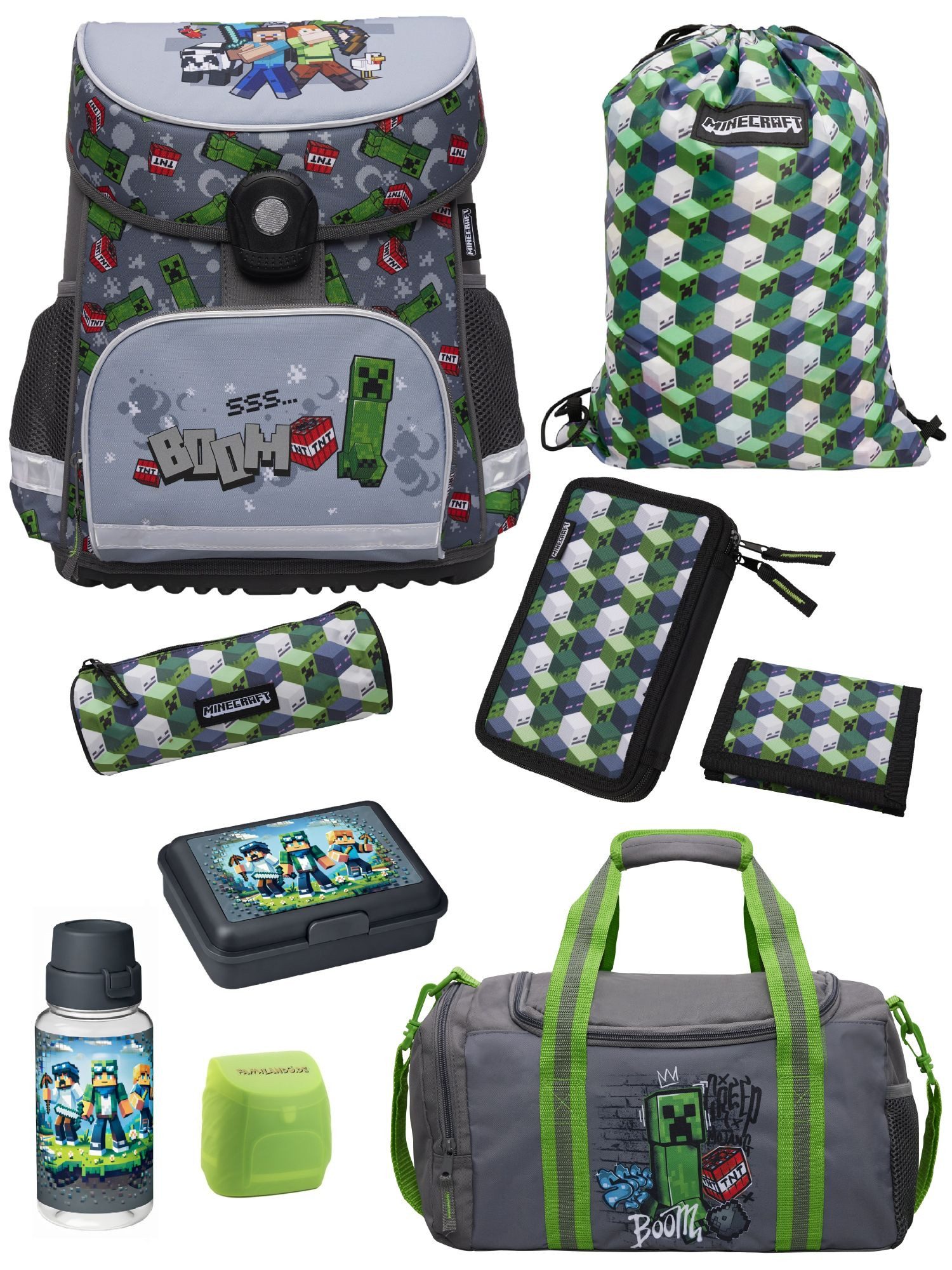 Familando Schulranzen Minecraft 1.-4. Klasse ergonomisch, geräumig, Volumen 18 Liter (Set, 9-tlg., inkl. Lunch-Set und Sporttasche), MINECRAFT Motiv grau