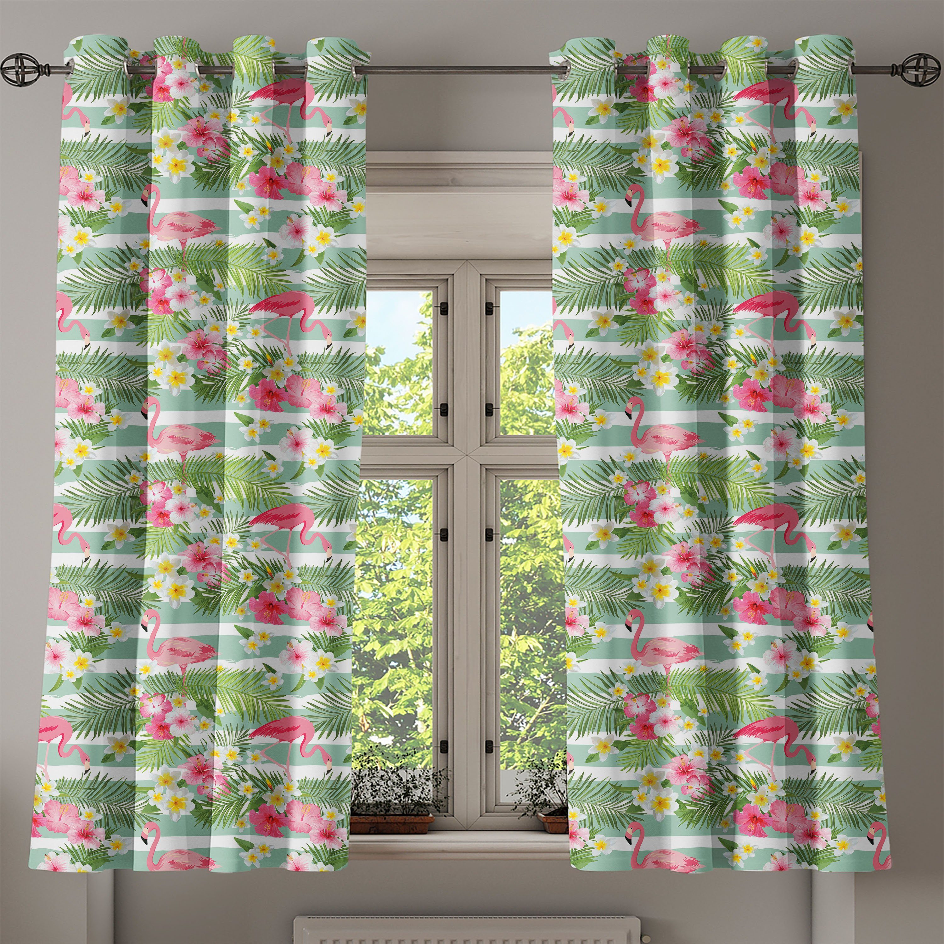 für 2-Panel-Fenstervorhänge Dekorative Gardine Wohnzimmer, Exotische Hawaii-Blatt Flamingo Schlafzimmer Abakuhaus,
