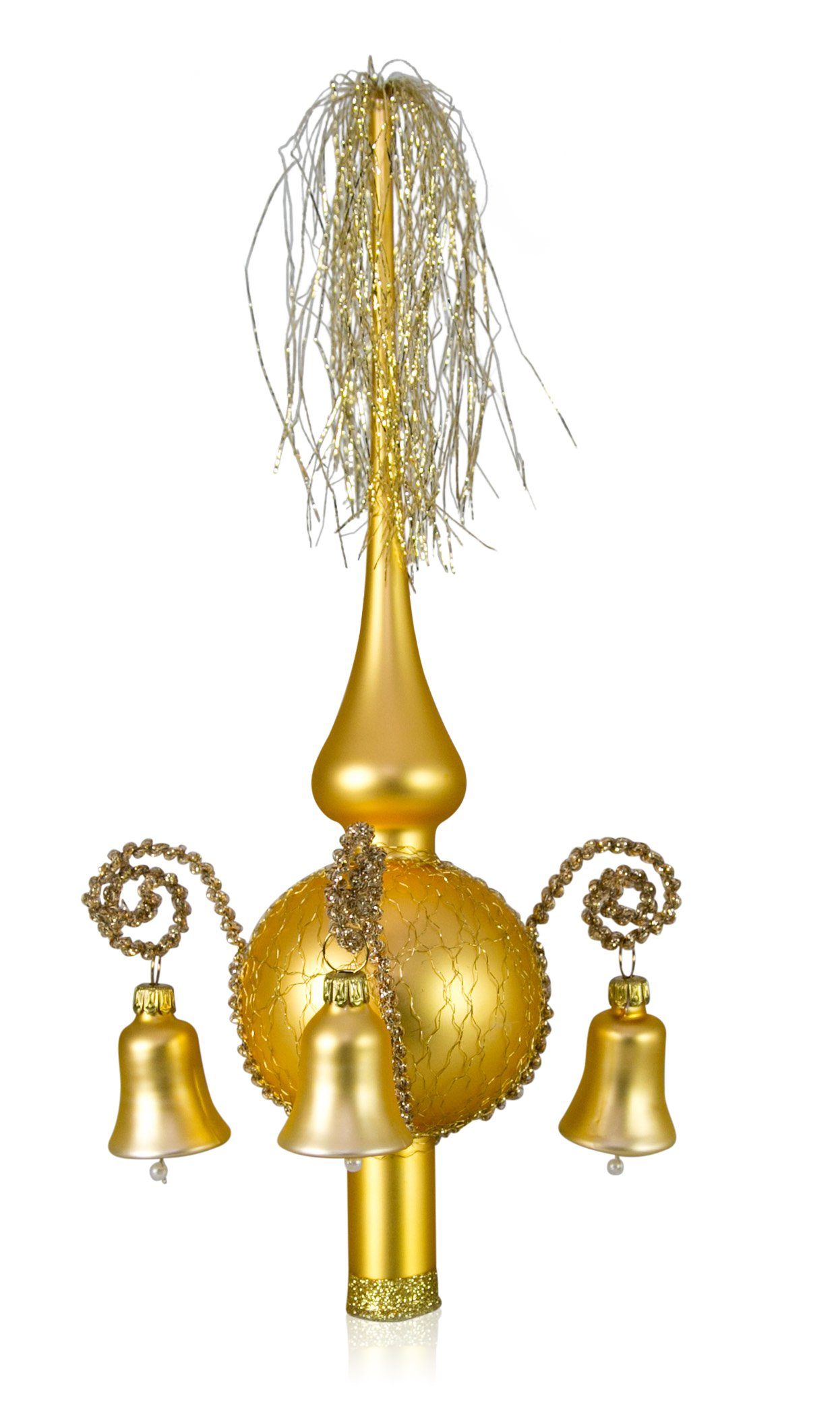 Lauschaer Glas Christbaumspitze Weihnachtsbaumspitze mit klingenden Glöckchen, mit Leonischem Draht, mundgeblasen, handdekoriert, handbemalt, in Lauscha hergestellt gold matt