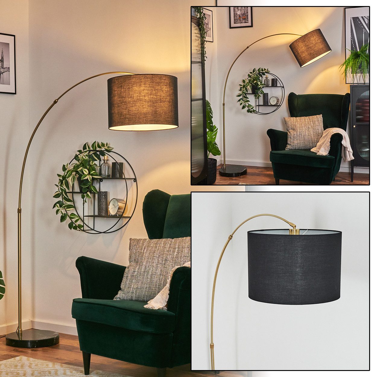 hofstein Bogenlampe Stehlampe mit Marmorfuß aus Metall/Stoff in Schwarz/Messing/Weiß, verstellbare Stehleuchte im modernen Design, Ø 40 cm, Fußschalter, E27
