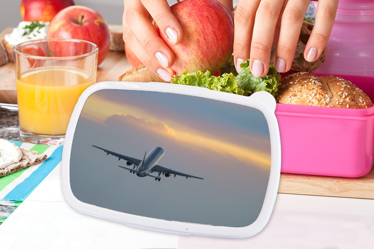 Flugzeug entgegen, Brotdose Lunchbox Snackbox, dem Brotbox MuchoWow (2-tlg), rosa für Kinder, Sonnenuntergang Kunststoff, Kunststoff Mädchen, Erwachsene, fliegt
