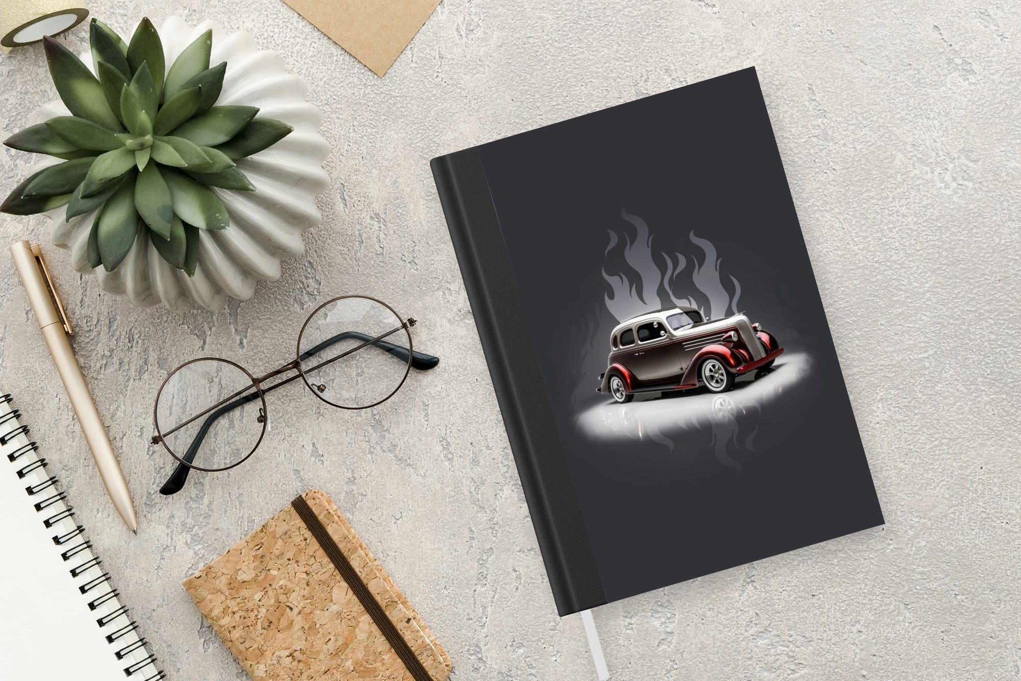 Merkzettel, Seiten, A5, Journal, 98 - Weiß MuchoWow Auto Vintage, Notizheft, Flammen Haushaltsbuch - - Notizbuch Tagebuch,