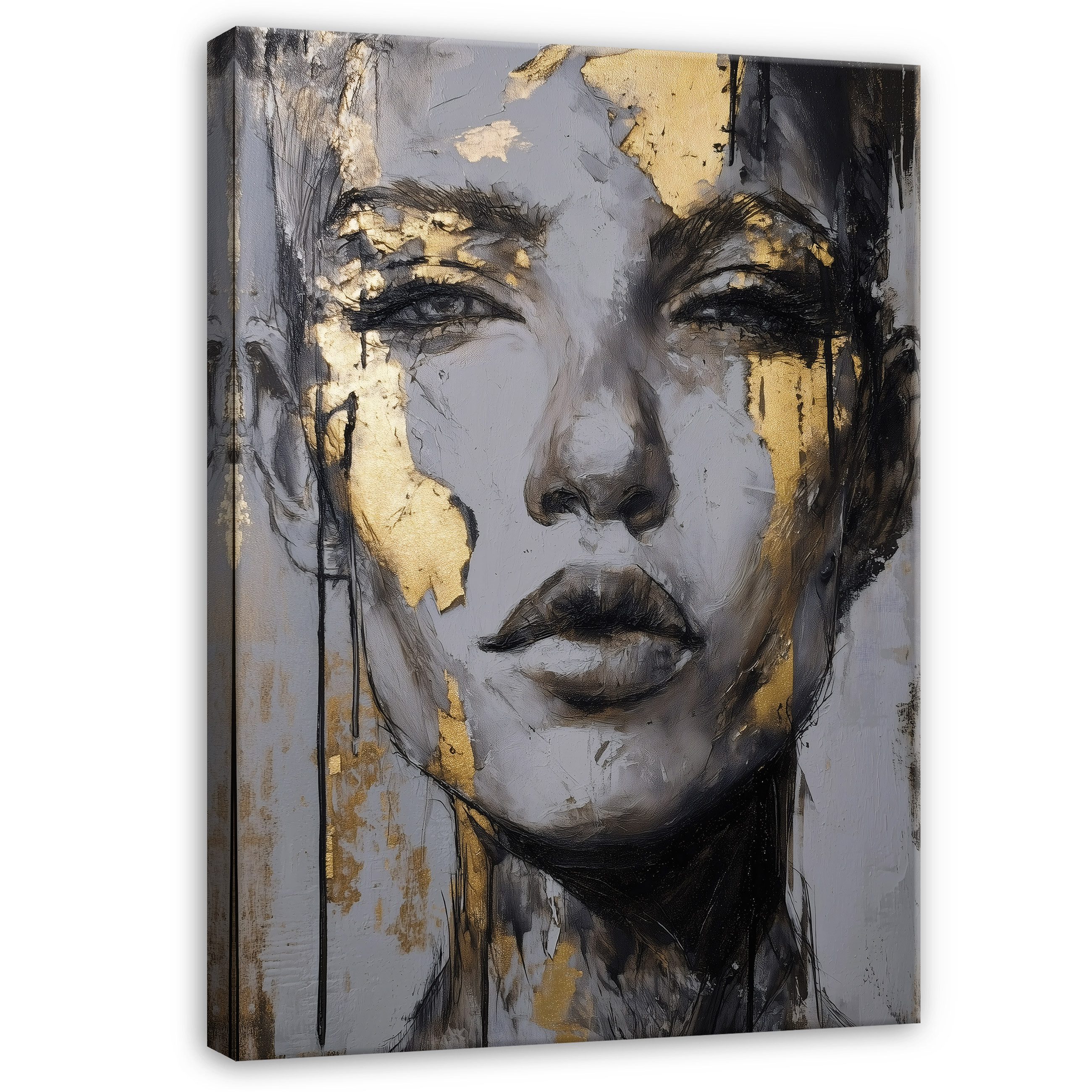 Wallarena Leinwandbild Frau Grau Schwarz Gold Abstrakt Wandbilder Wand Deko XXL Bilder, Frau - Kunst (groß Bilder Wohnzimmer Schlafzimmer Einteilig, 1 St), Bilder Klein Wohnzimmer Schlafzimmer Küche Wandbild Wand Deko 40x30