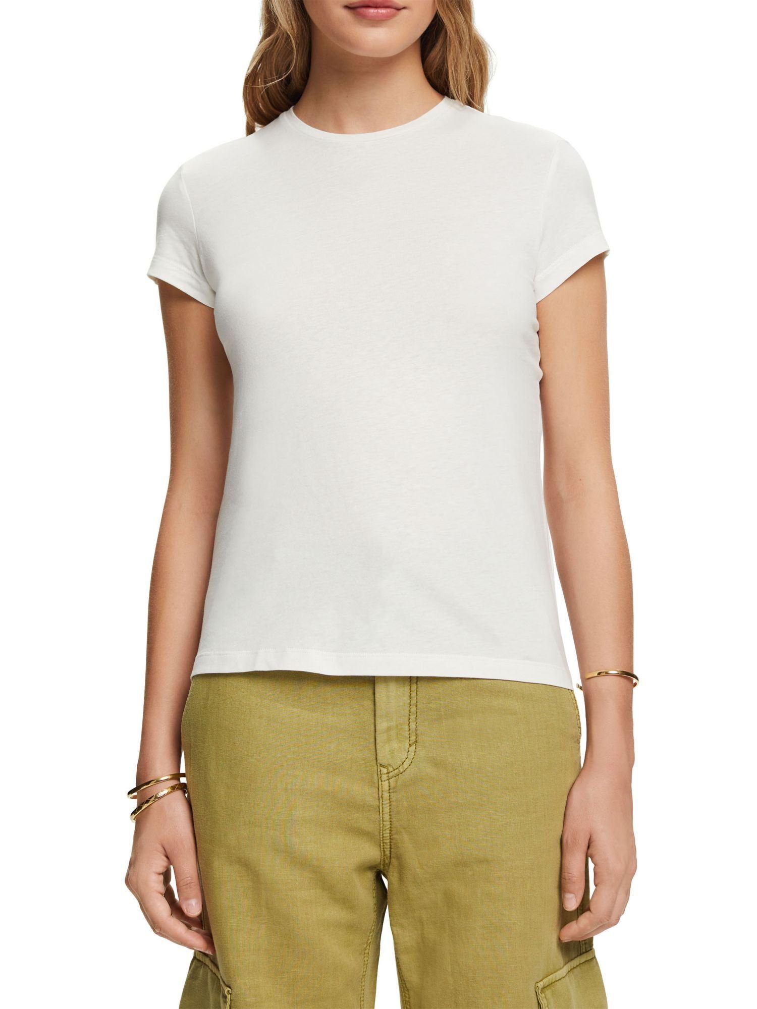 Baumwolle OFF 100 Esprit T-Shirt WHITE T-Shirt % mit (1-tlg) Rundhalsausschnitt,