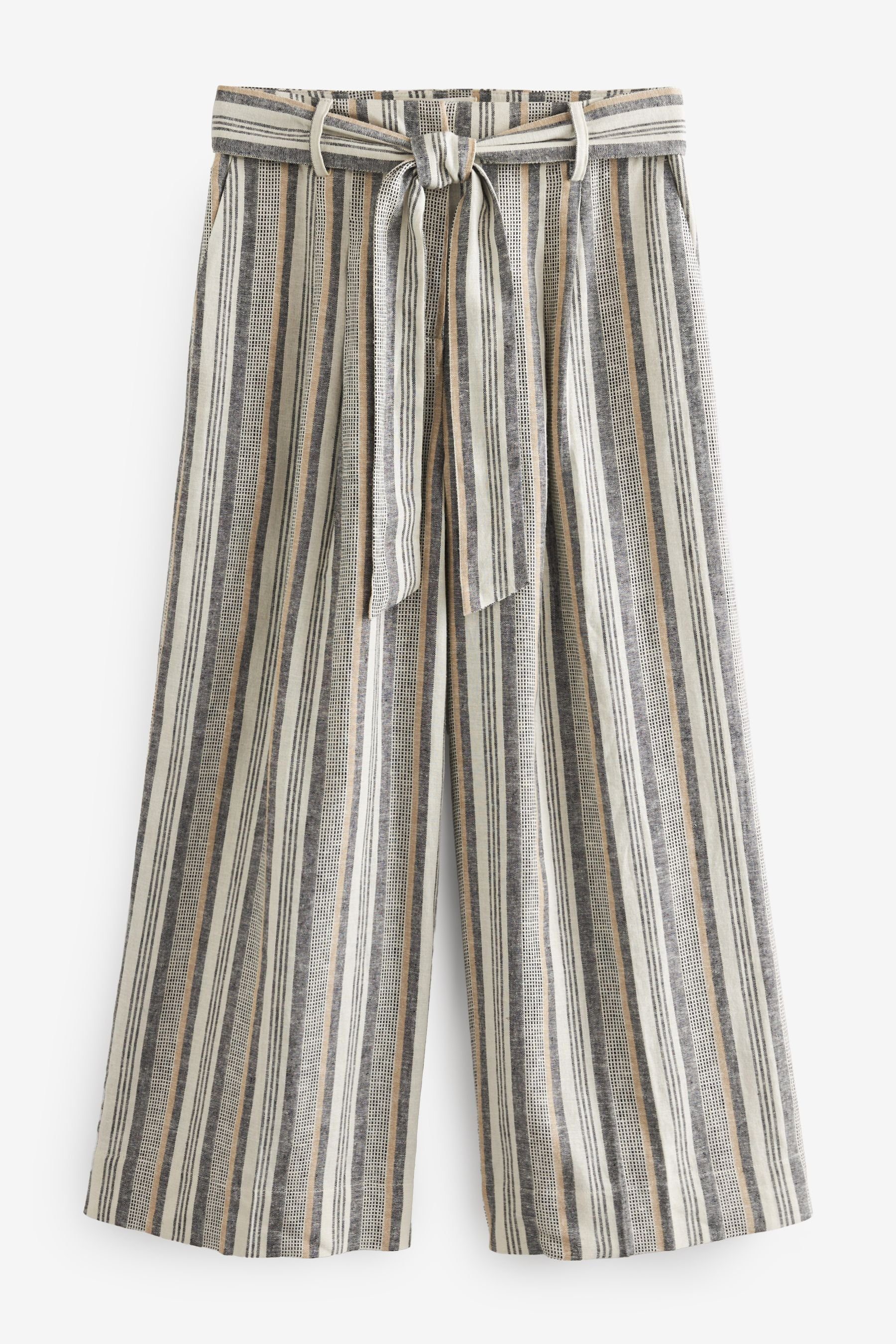 White/Blue Leinengemisch Verkürzte Stripe mit Bindegürtel (1-tlg) aus Next Palazzohose Hose