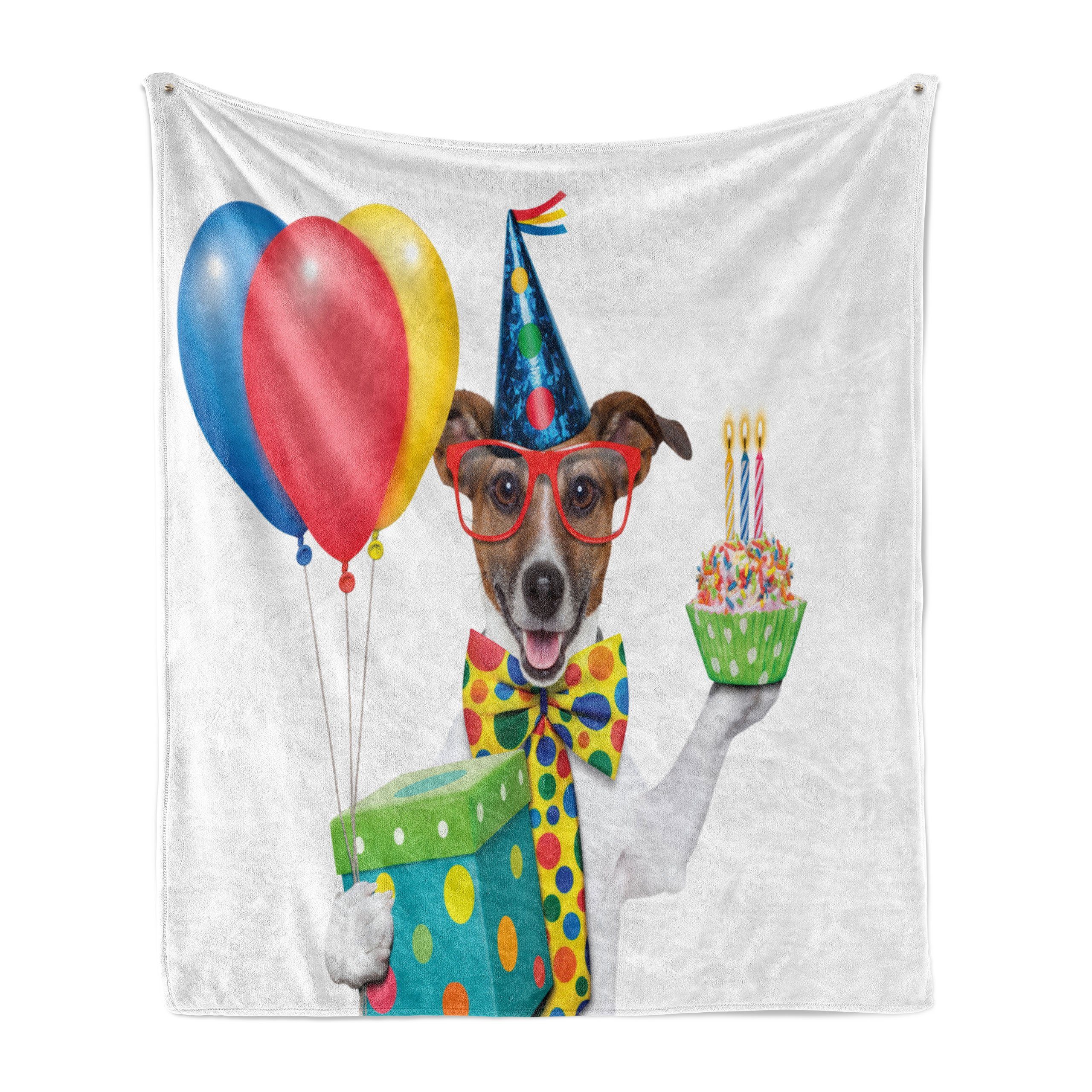 Wohndecke Gemütlicher Plüsch für den Innen- und Außenbereich, Abakuhaus, Geburtstag Party Hund und Luftballons