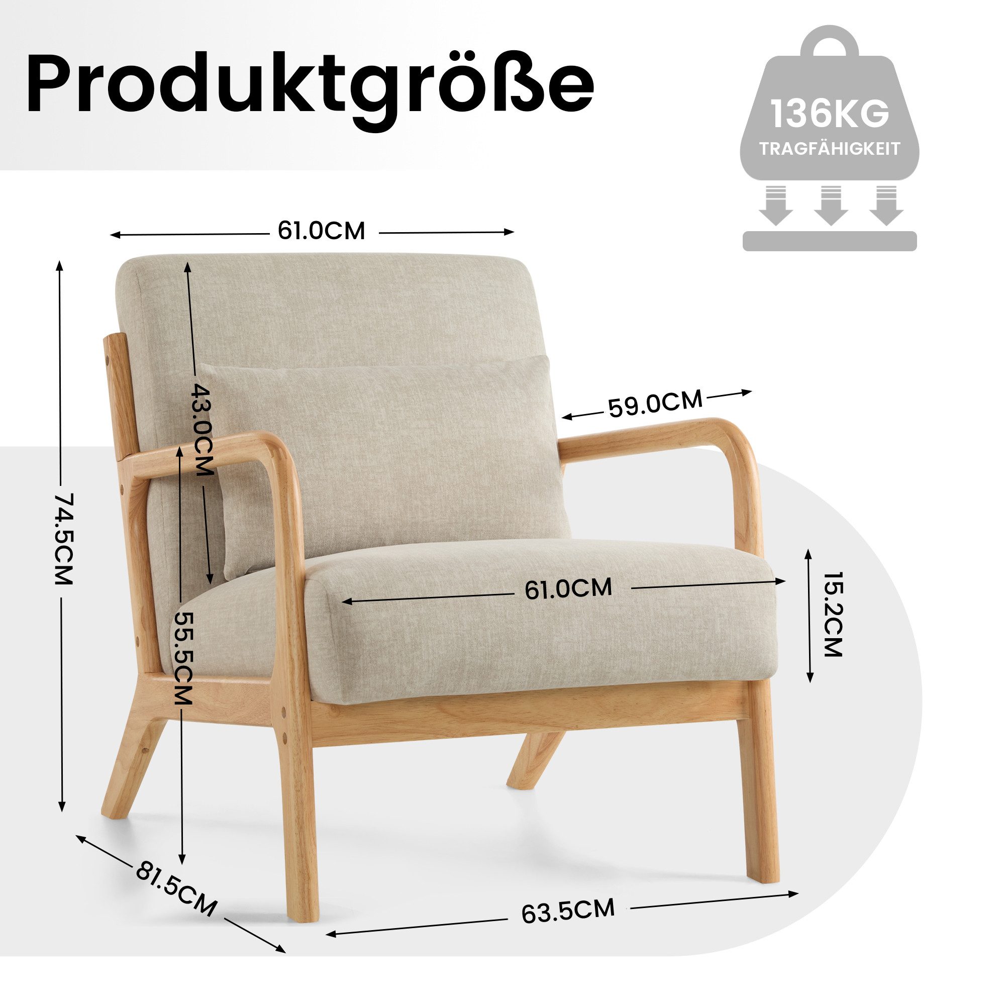 Aunekiv Sessel mit Kissen & Holzrahmen, Lesesessel, Mid-Century Sessel (1-St), Perfekt als Relaxsessel für Wohnzimmer und kleine Räume