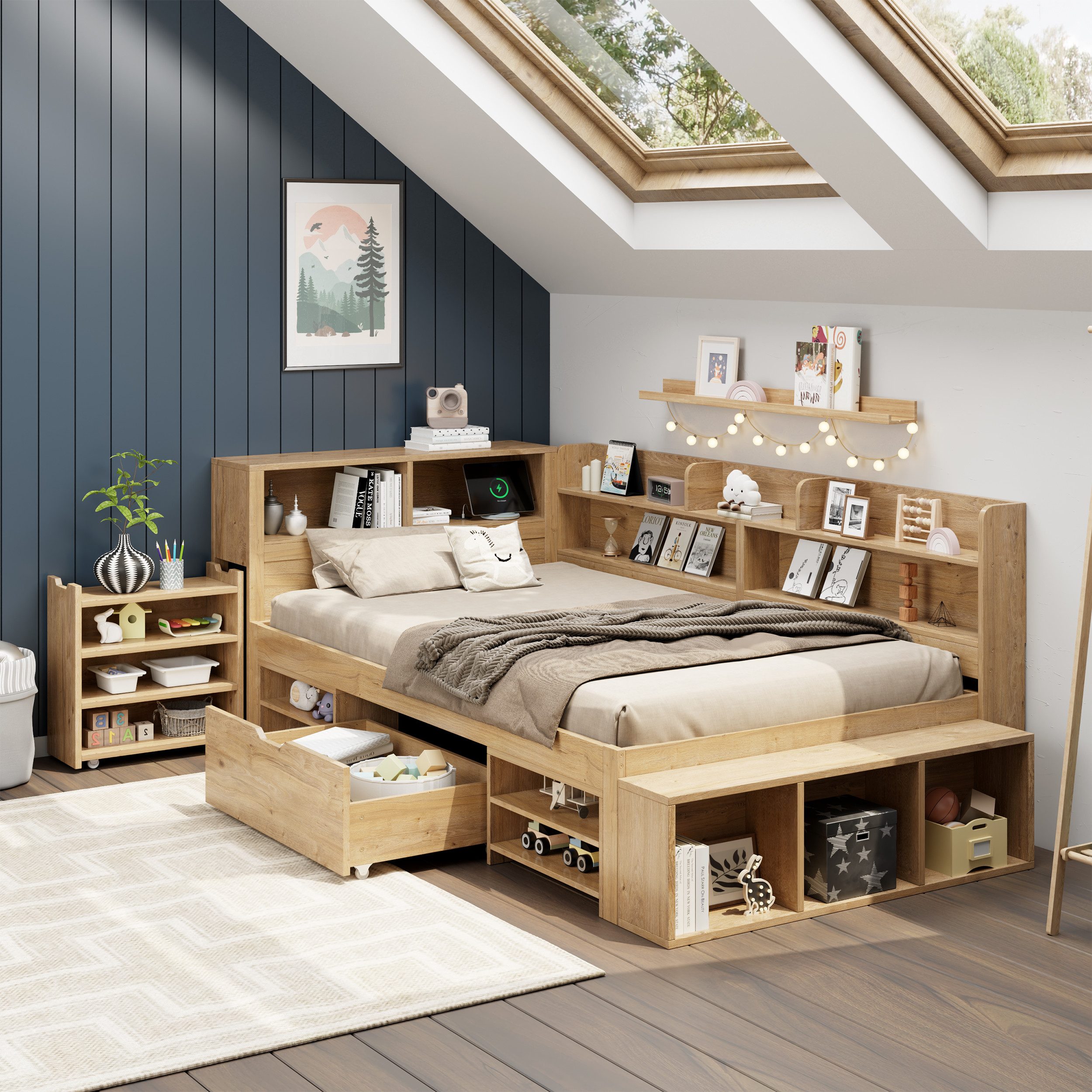 Flieks Holzbett, Kinderbett 90x200cm mit Ladefunktion Schublade ausziehbarem Nachttisch