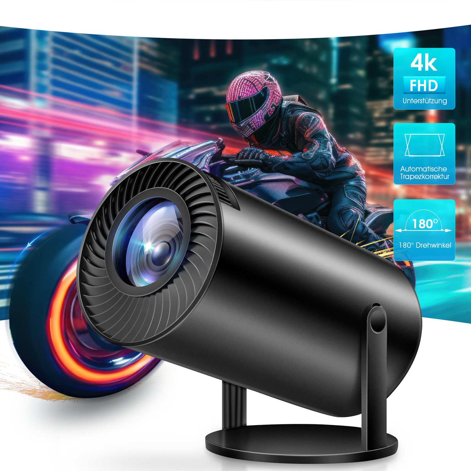 oyajia 4K Beamer WiFi6 und Bluetooth 5.0 Portabler Projektor Mini-Beamer (10000 lm, 10000:1, 1920x1080 px, Android OS mit App-Store, Youtube, Netflix, Prime Video etc)