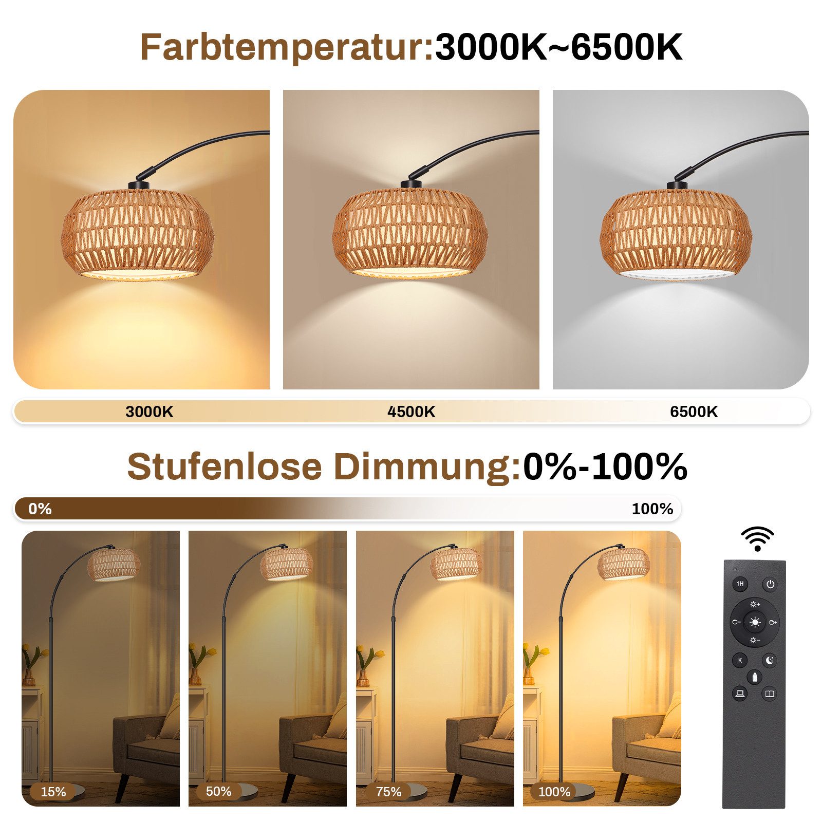 Jibenhome LED Stehlampe Rattan Boho LED Stehlampe Dimmable mit Fernbedienung,183cm, für Schlafzimmer, Wohnzimmer, Büro