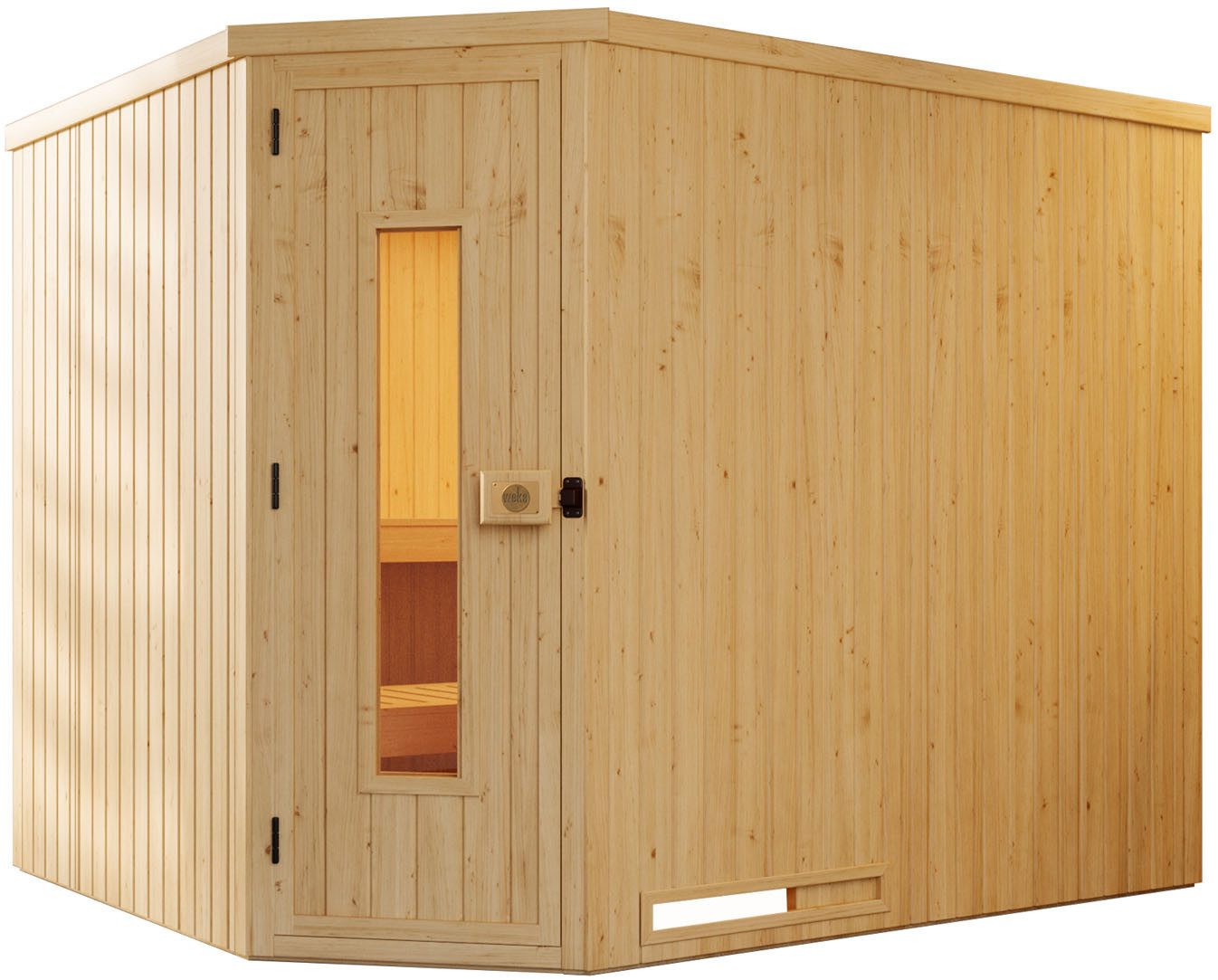 weka Sauna Element-Ecksauna VARBERG 4, BxTxH: 244 x 194 x 199 cm, 68 mm, vorgefertigte Elemente, isolierte Holztür