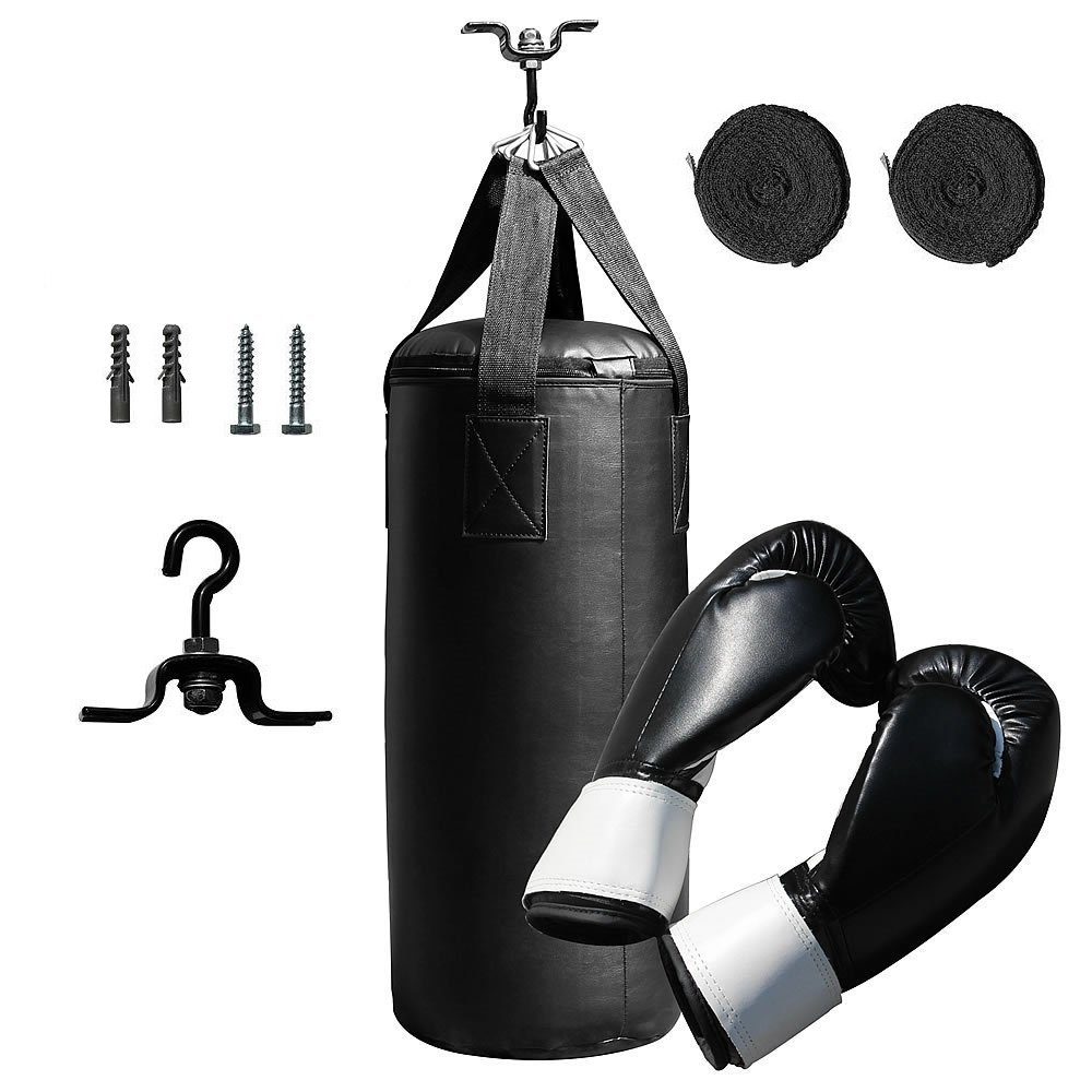 Melko Boxsack Boxsack Trainingssack Boxset 10kg gefüllt + Halterung + Handschuhe + Bandage Punch Profi Punching Bag Boxhandschuhe Training (Stück)