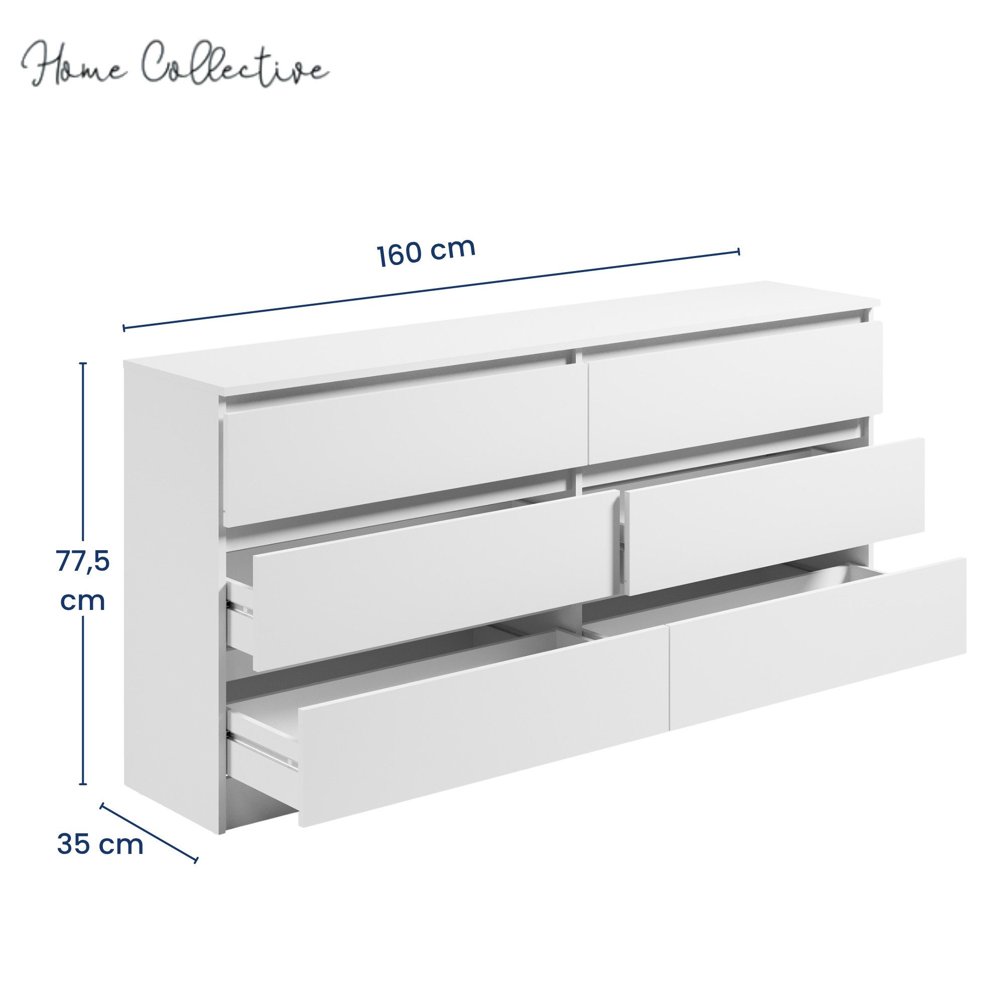 Home Collective Kommode mit 6 Schubladen 95, 120, 140, 160 cm breit Holz Schrank (Highboard Anrichte Schlafzimmer Wohnzimmer Flur Büro Organizer), Kommode 160 cm breit Kommode Sideboard, Weiß