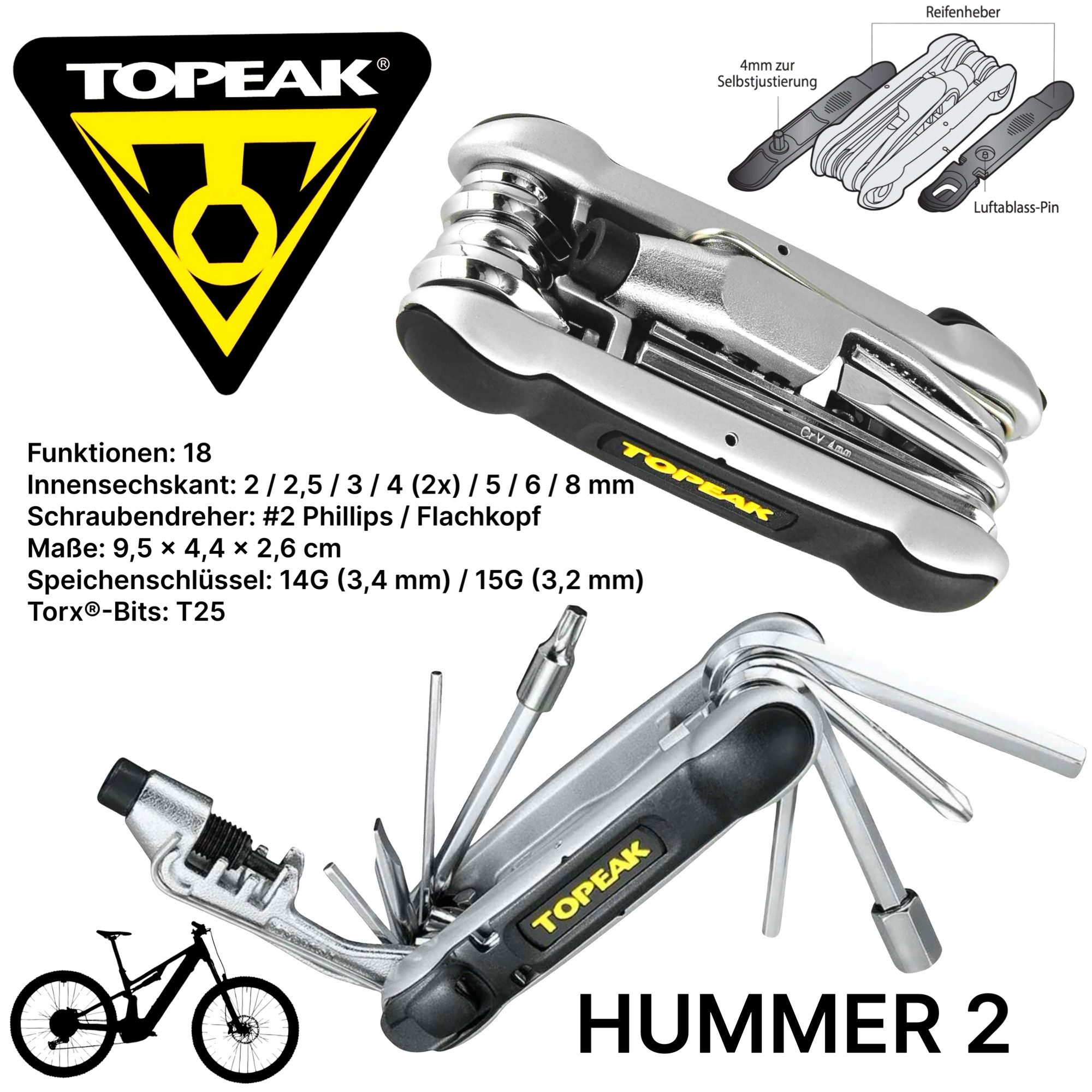Topeak Fahrrad-Montageständer Topeak Hummer 2 Fahrrad Multi Tool MTB Kettennieter Torx Reifenheber