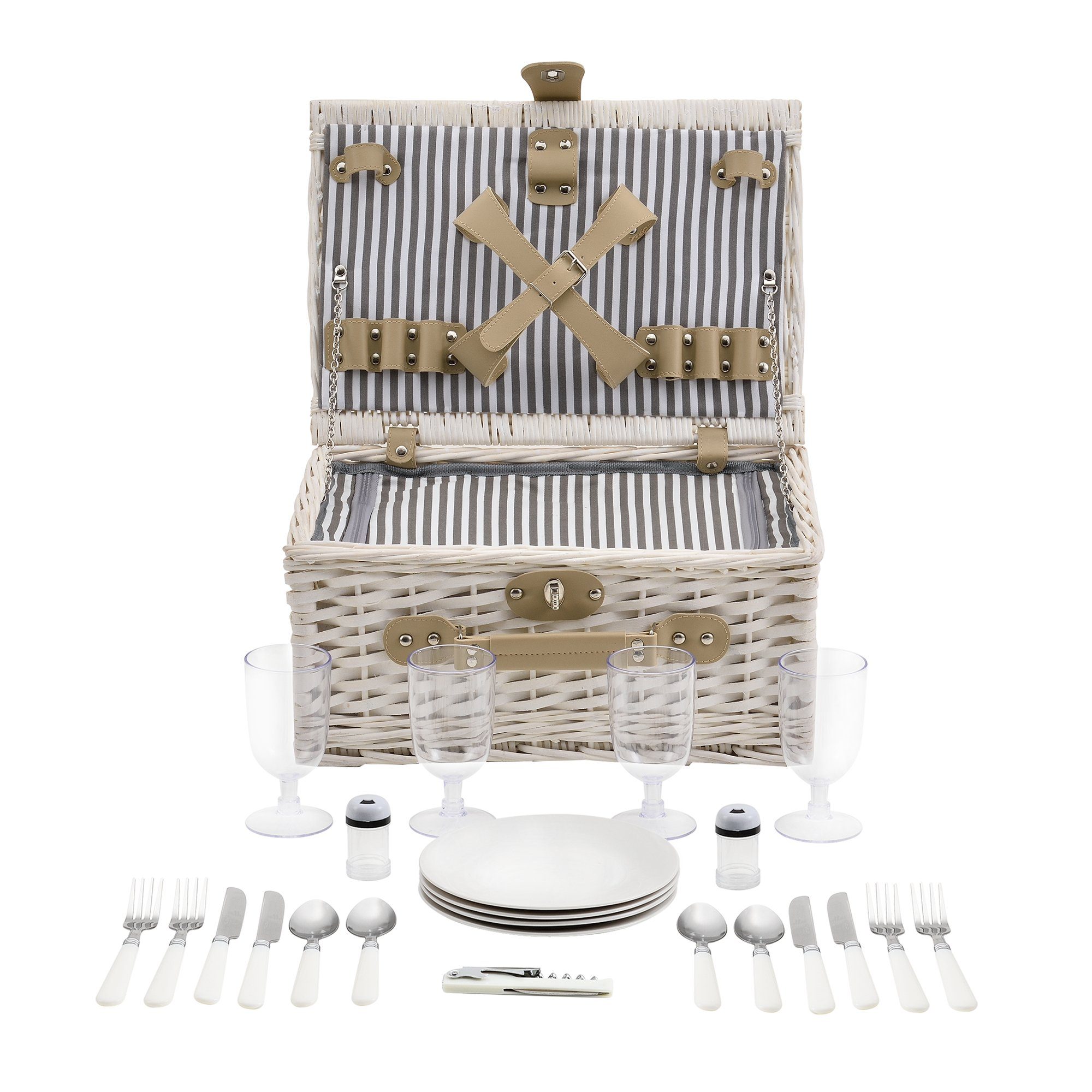 casa.pro Besteck-Set (4-tlg), 4 Personen, Weide und PU-Kunstleder, Picknickkorb mit Besteck für 4 Personen Weiß