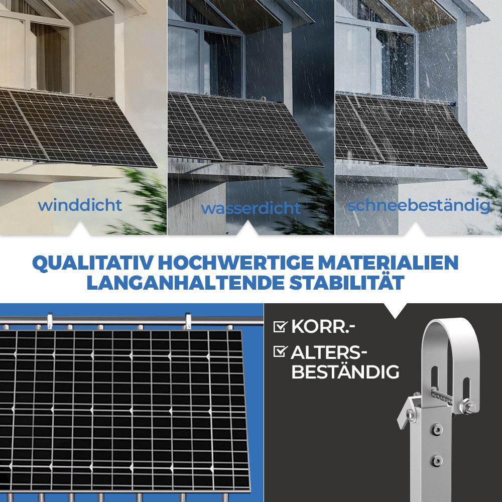 Rhein Beleuchtung Solarmodul-Halterung Balkonkraftwerk Halterung aus Aluminium AL6005 T5, Silber, (bis 44 Zoll, Set, 1-tlg., Solarpanel Halterung für Geländer, Wand & Fläche, Montage in 15 Min, Neigung 15 45 Grad, passend für PV Modul Halterung 400 600 Watt)