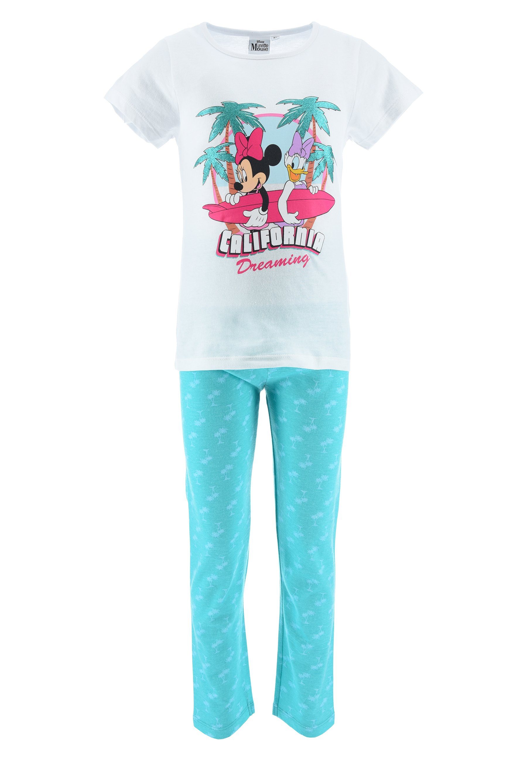Disney Minnie Mouse Schlafanzug Mädchen Schlafanzug Pyjama kurzarm Shirt + Schlaf-Hose (2 tlg) Mini Maus Weiß