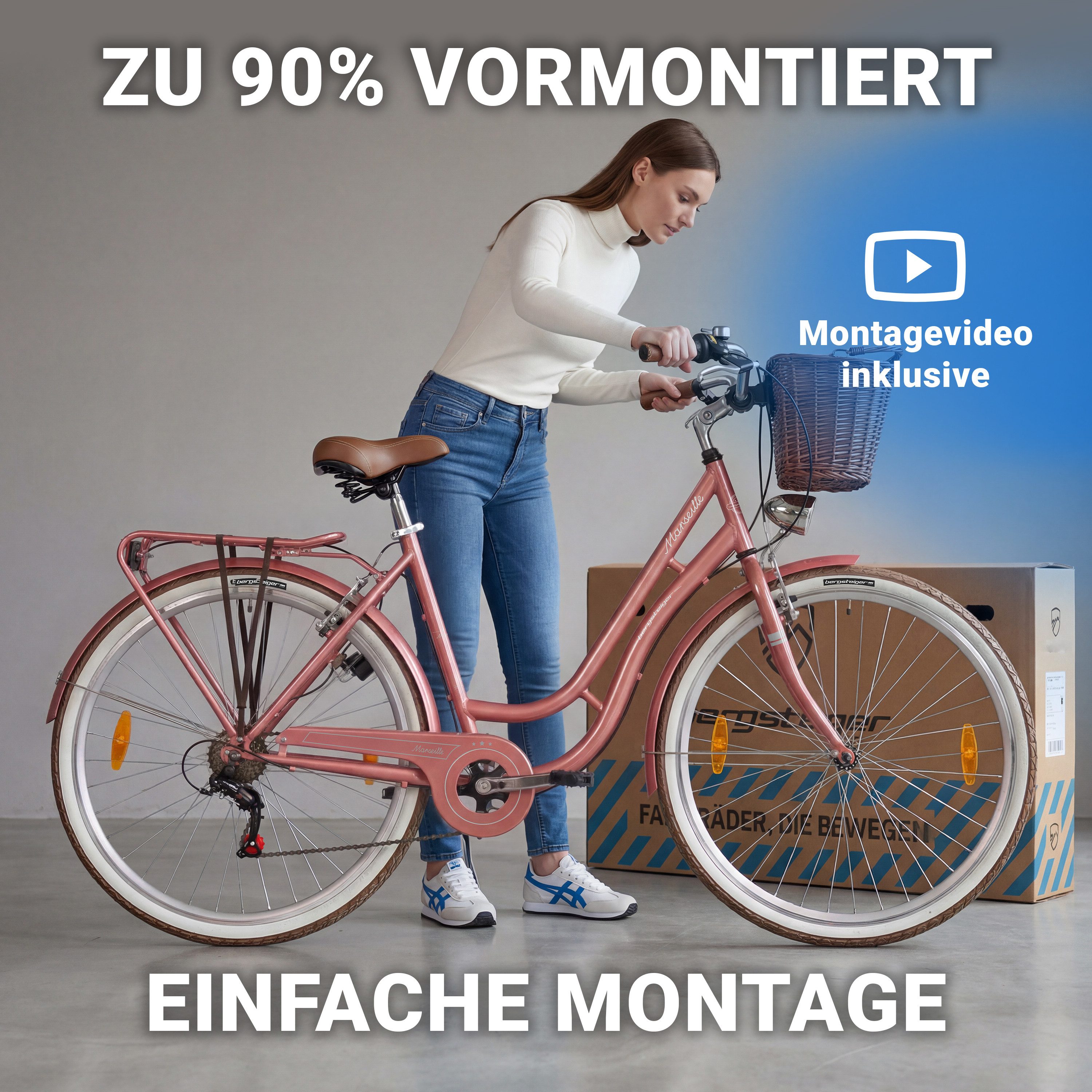 bergsteiger Cityrad Marseille 26 Zoll, 28 Zoll Damenfahrrad, ab 150 cm, Korb aus Rattan, 6 Gang, Kettenschaltung, V-Bremsen – Bild 5 von 5