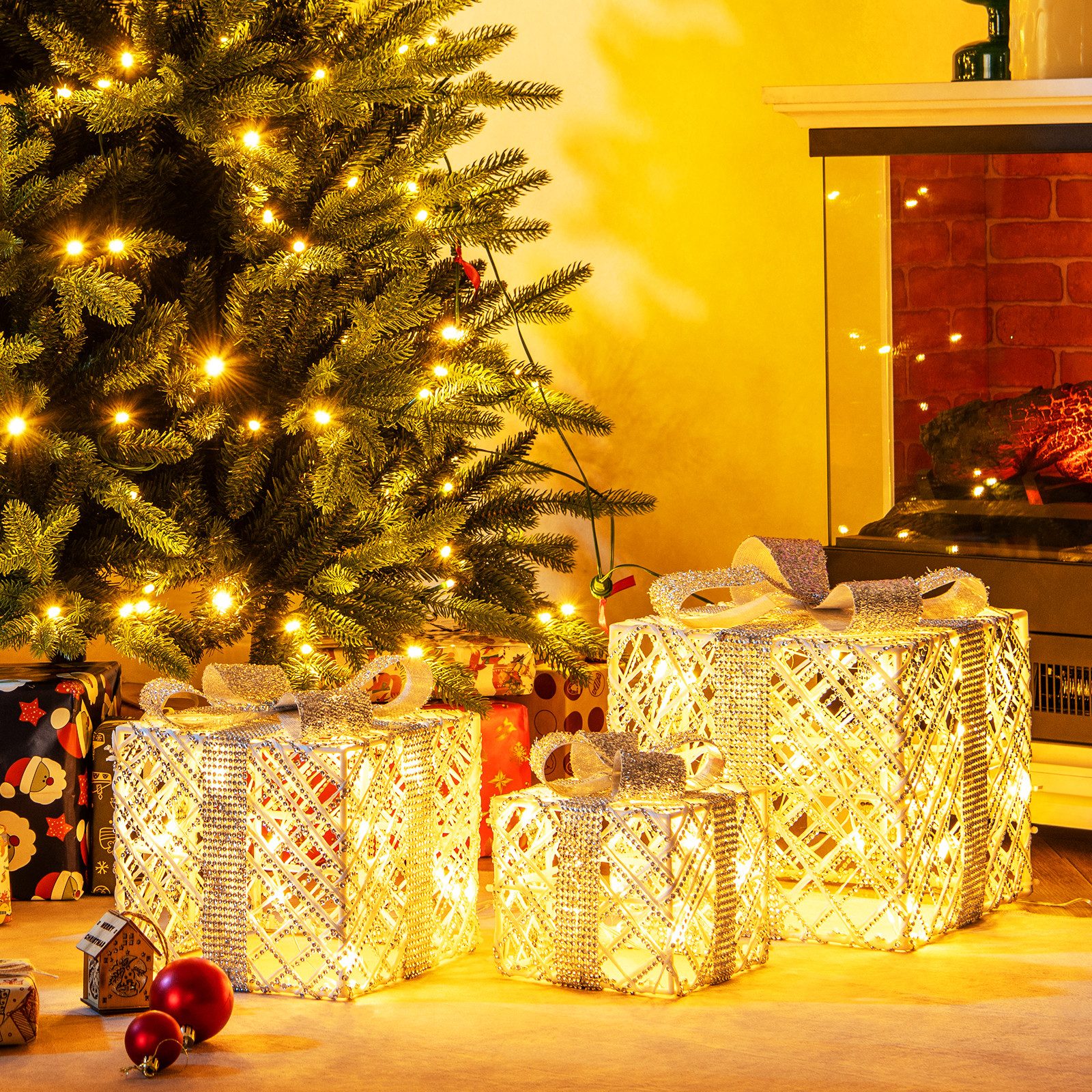 COSTWAY Weihnachtsfigur, 3 tlg. Geschenkboxen, LED günstig online kaufen