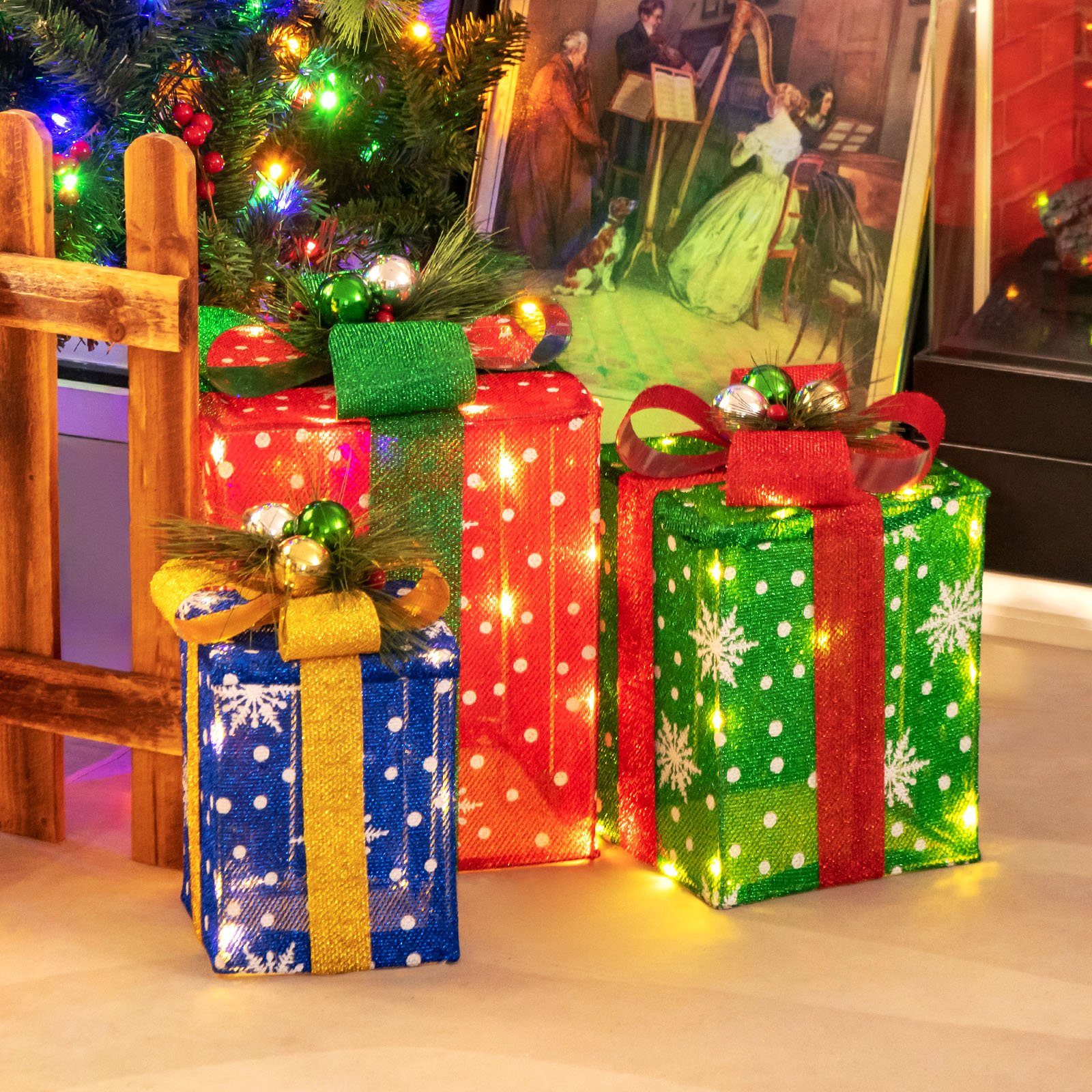 COSTWAY Weihnachtsfigur, Geschenkboxen mit Schleife und 52 warmweiß LEDs