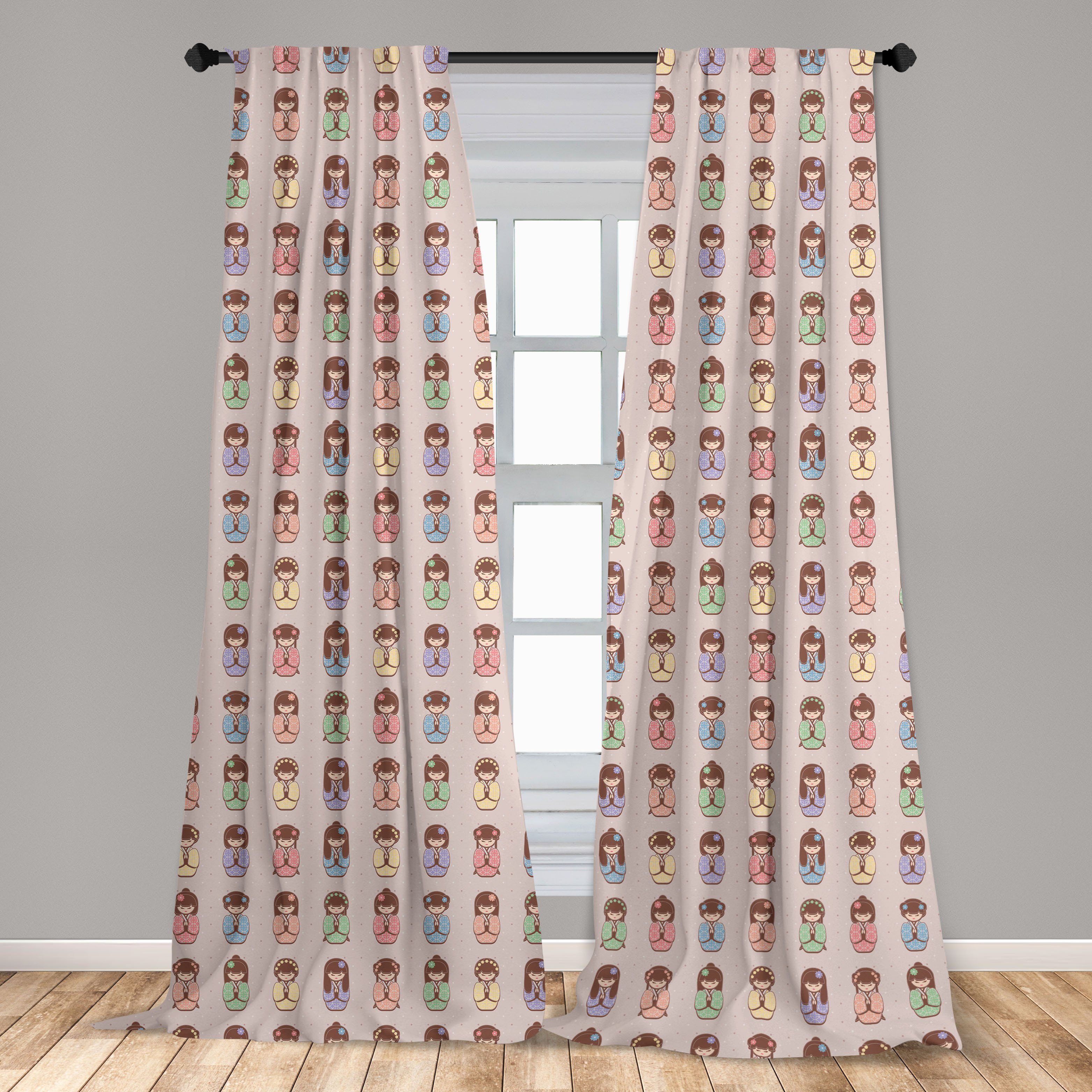 Gardine Vorhang für Wohnzimmer Microfaser, Puppen Dekor, Bunte Abakuhaus, Kokeshi Schlafzimmer japanisch