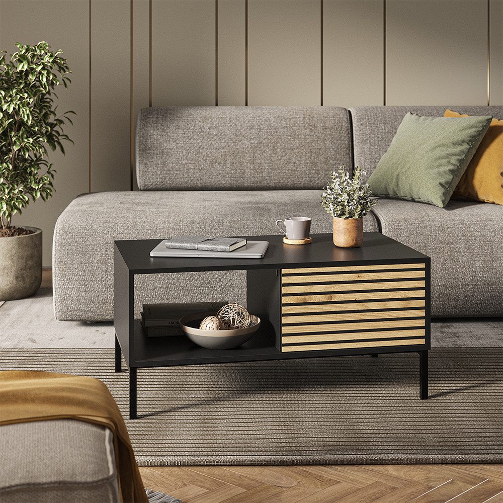 Vicco Couchtisch Eliza, Schwarz/Eiche, 90 x 50 cm mit einer Schublade günstig online kaufen