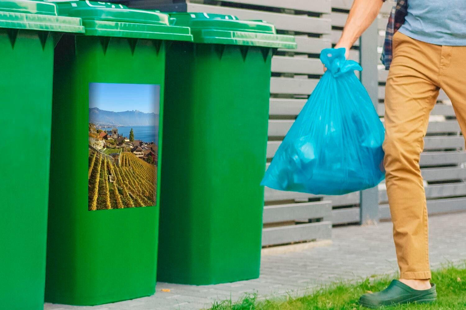 Abfalbehälter von Sticker, Mülltonne, St), See dem Genfer Weinberg Foto Mülleimer-aufkleber, über (1 einem Wandsticker Container, MuchoWow