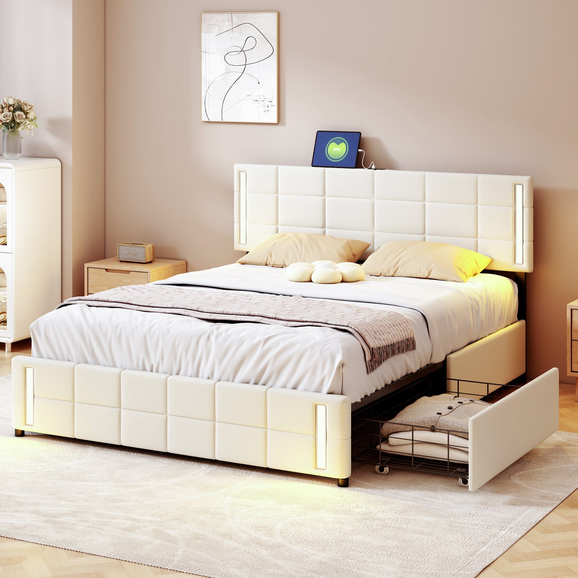 Leuchten mit mit Polsterbett USB Fangqi Beige vier Bettschubladen Polsterbett AnschlüssenLED Bettschubladen), Doppelbett,Gästebett,Familienbett,Polsterbett Schubladen mit vier 140*200 USB LED Schnittstelle,vier Doppelbett und mit Licht (set,