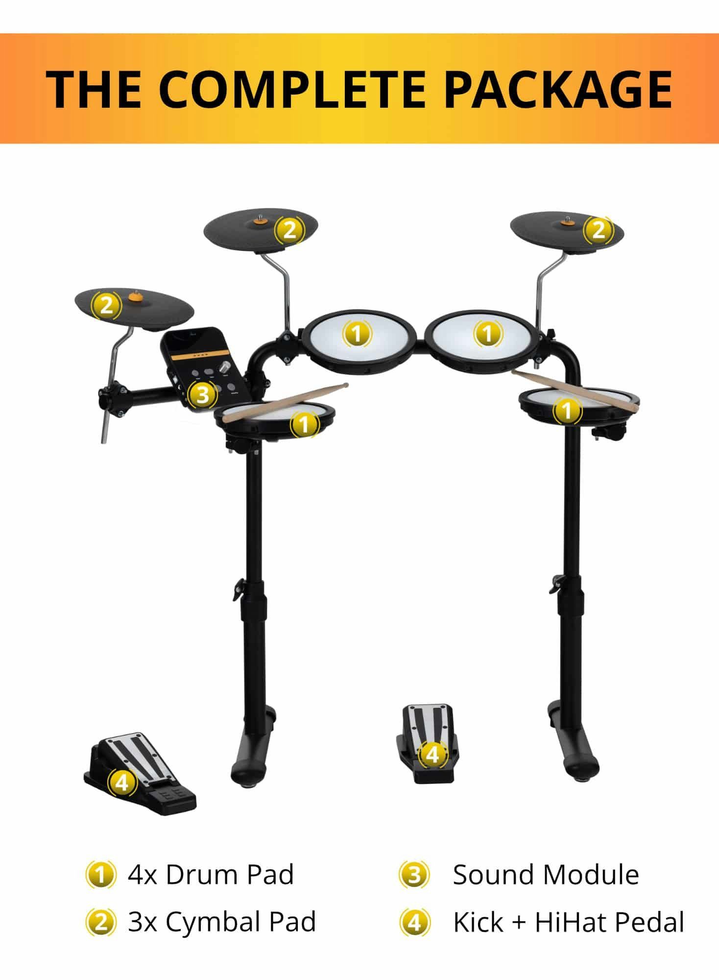 XDrum E-Drum DD-250 E-Drum Kit mit 4 Mesh Heads Pads - 3 Becken - Fußcontroller, 10-St., 12 Presetkits mit 68 Sounds & 10 Playalong Songs