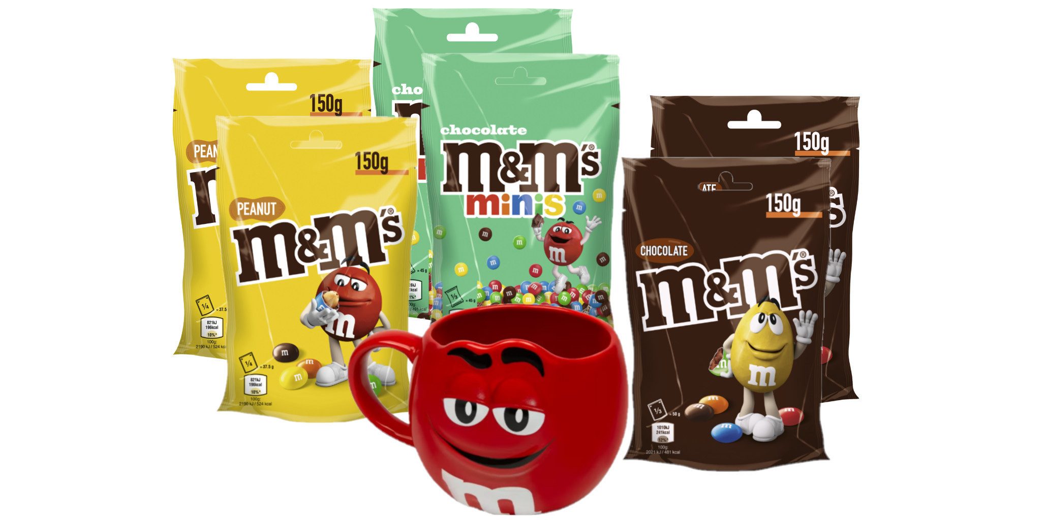 Mars GmbH Süßigkeit M&M'S Chocolate 2x150g + Minis 2x135g + Peanut 2x150g + Tasse