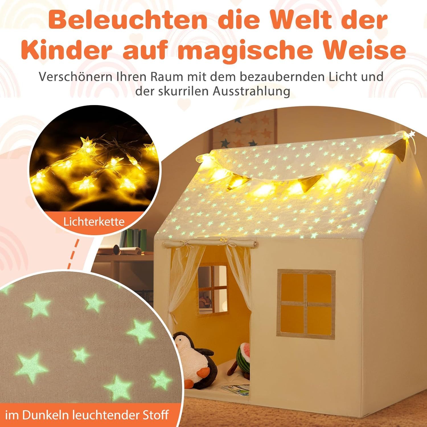 KOMFOTTEU Spielzelt Kinderspielhaus mit gepolstertem Teppich & Lichterkette günstig online kaufen