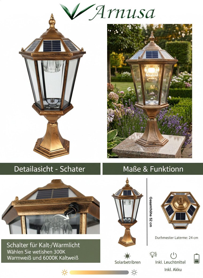Arnusa LED Solarleuchte Sockelleuchte Außenleuchte Kupferoptik kabellos Akku Solar Laterne, Duo Color Farbeinstellung, LED fest integriert, warmweiß, kaltweiß, Duo Color Farbeinstellung helle Solarlampe