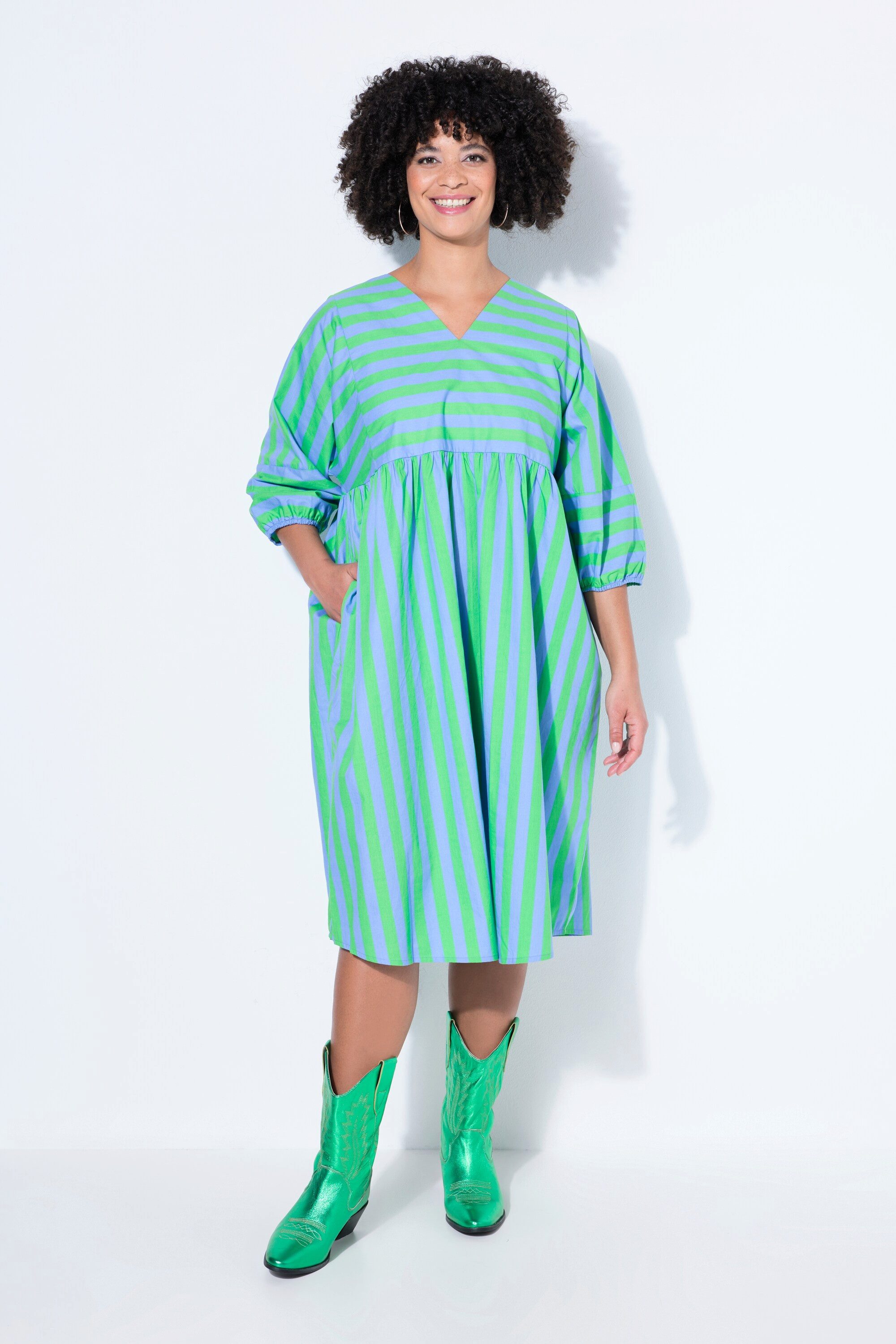 Jerseykleid Midikleid A-Linie Streifenmix 3/4-Ballonärmel