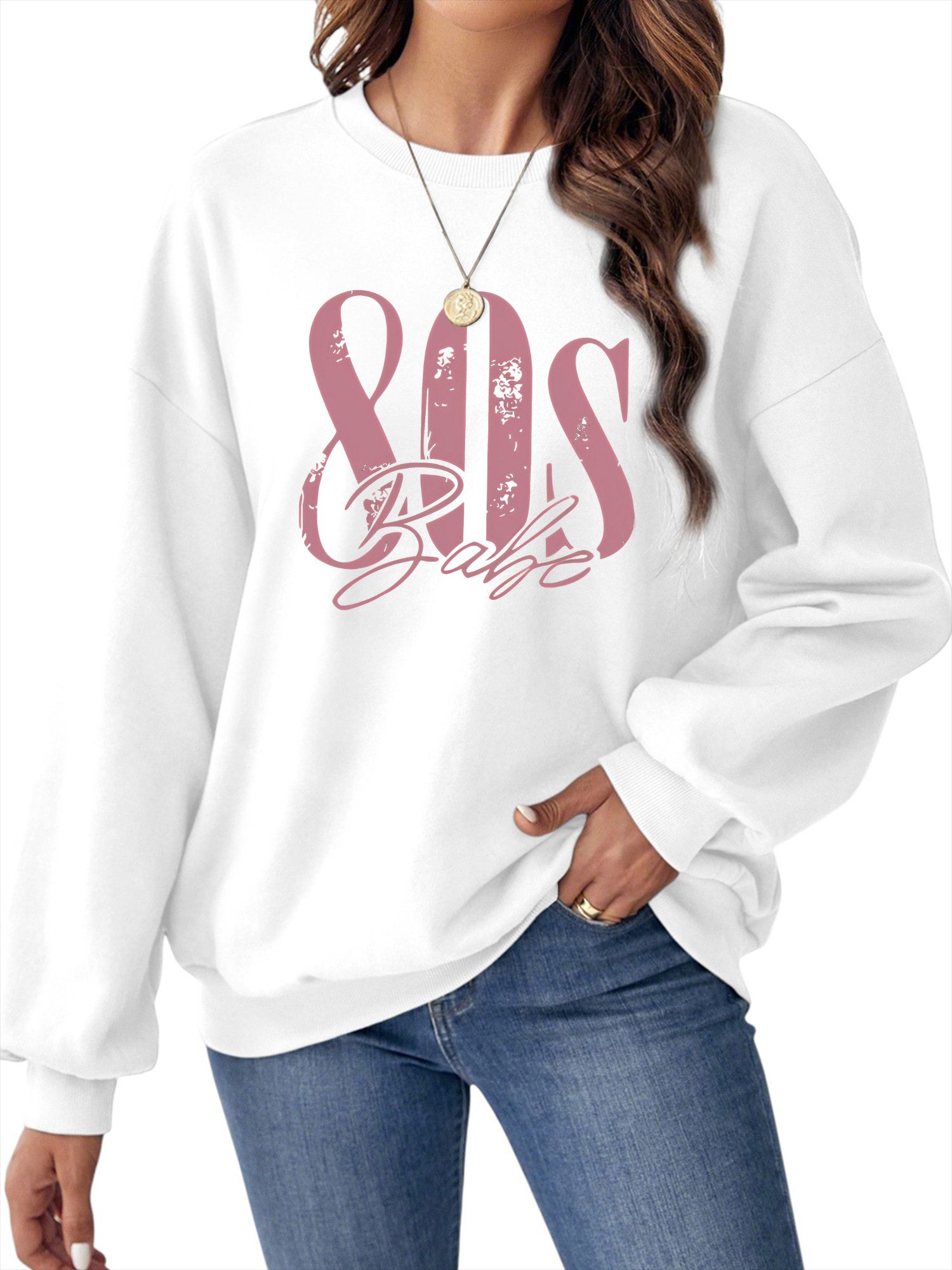 Fleecepullover Damen Rundhals Sweatshirt mit 80S Print & Flauschfutter für Winter