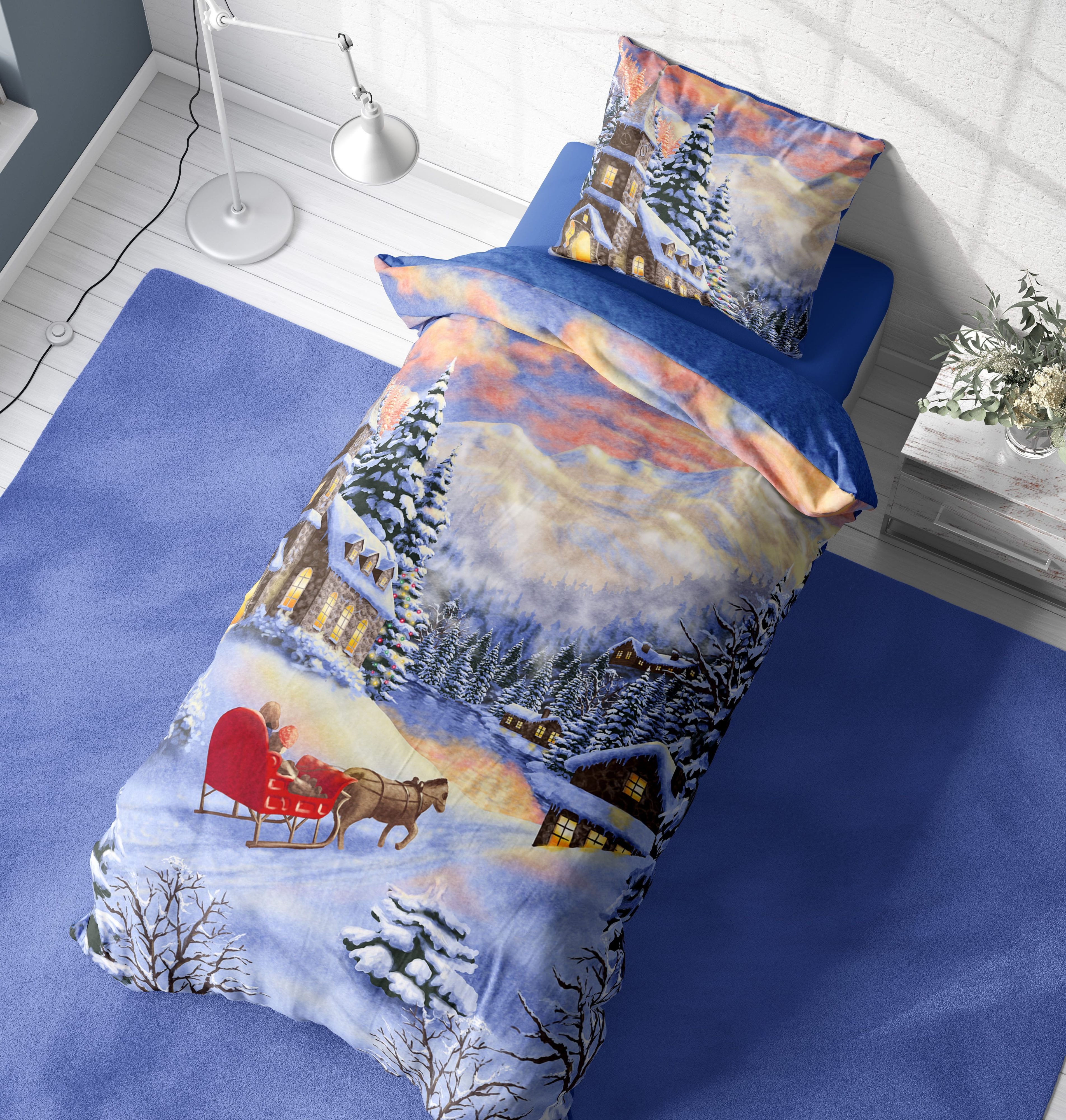 One Home Bettwäsche Winter Thermofleece, Fleece, 4 teilig, Weihnachten Winterlandschaft, kuschelig flauschig warm weich Modern – Bild 4 von 5