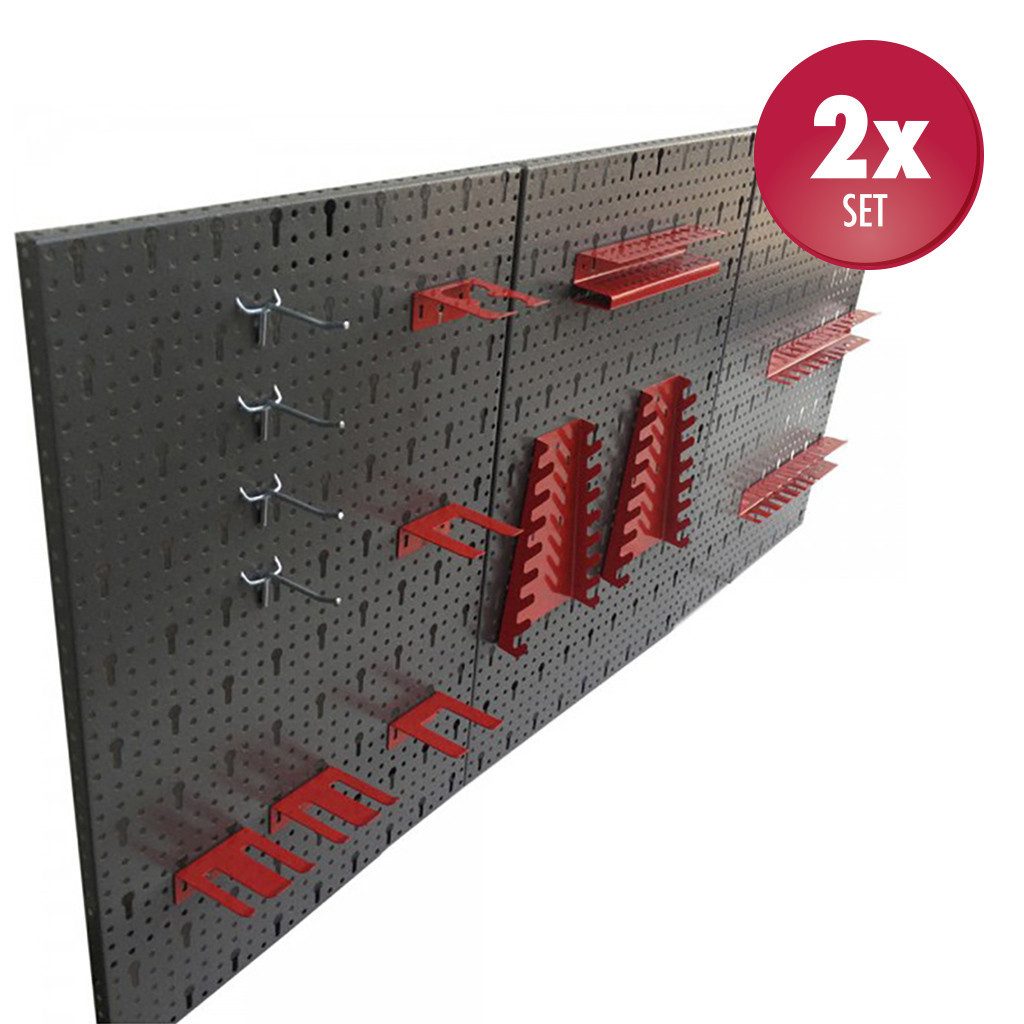 Kreher Lochwand Set: 2 x Werkzeuglochwand aus Metall mit 14tlg. Hakenset, 120 x 60 cm