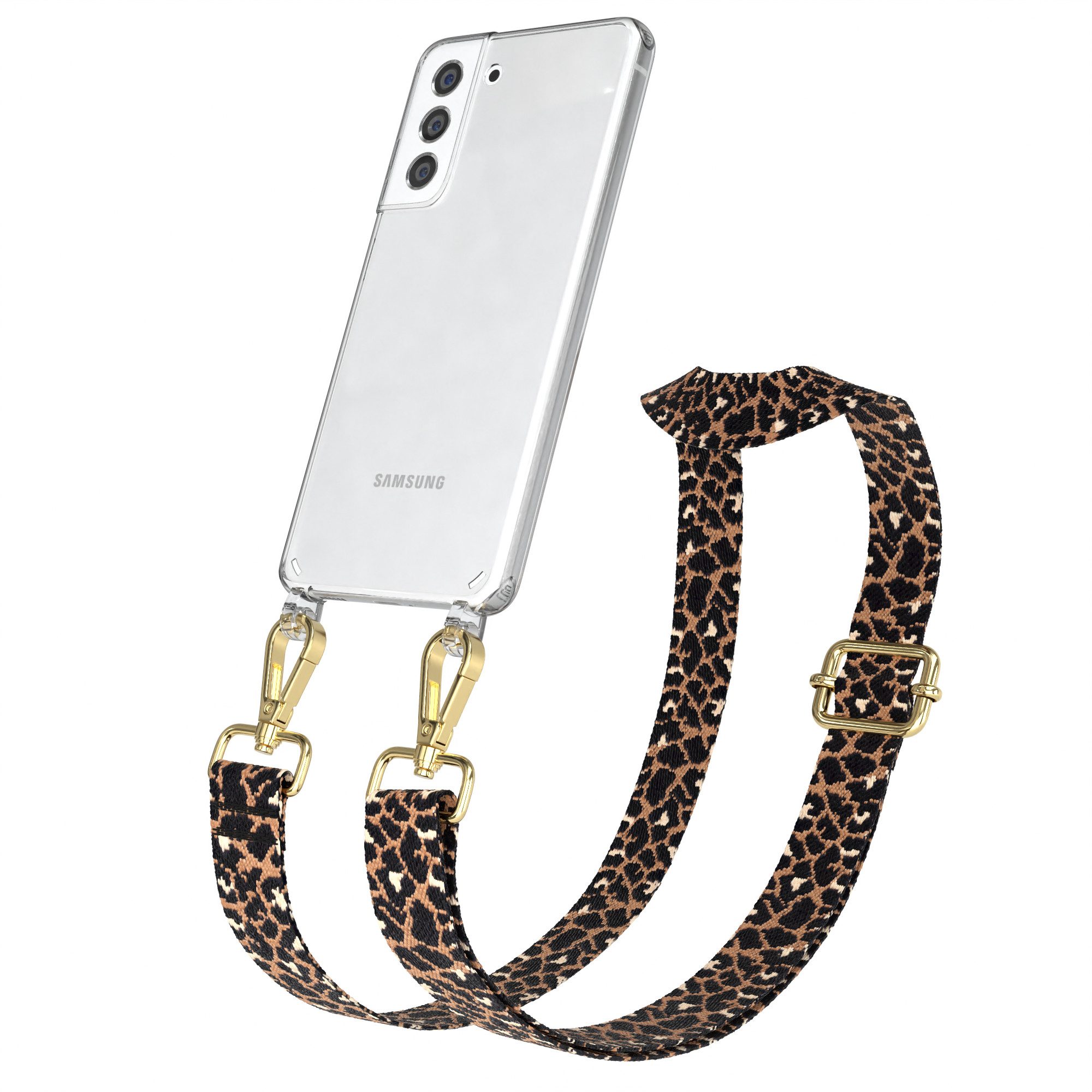 EAZY CASE Handykette Boho Umhängeband für Samsung Galaxy S21 FE 5G 6,41 Zoll, Kettenhülle abnehmbare Kordel Slim Clear-Cover Leo-Style Schwarz Braun