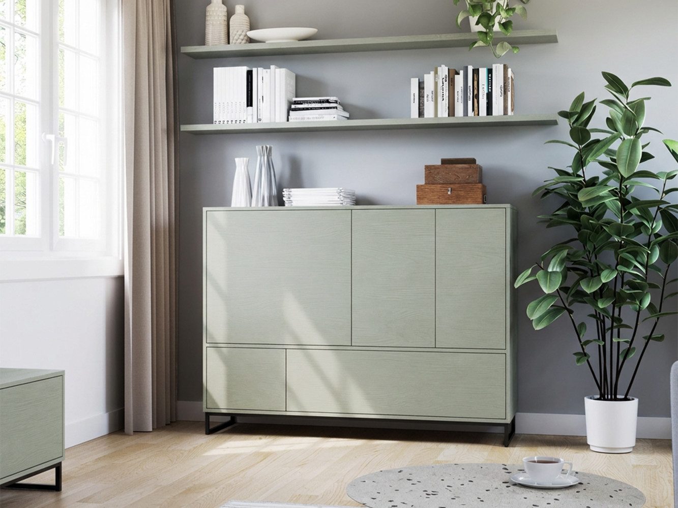 Beautysofa Kommode GIANA – elegante grifflos mit 5 Türen push‑to‑open (erhältlich in Sandbeige oder Flaschengrün), Breite: 160 cm