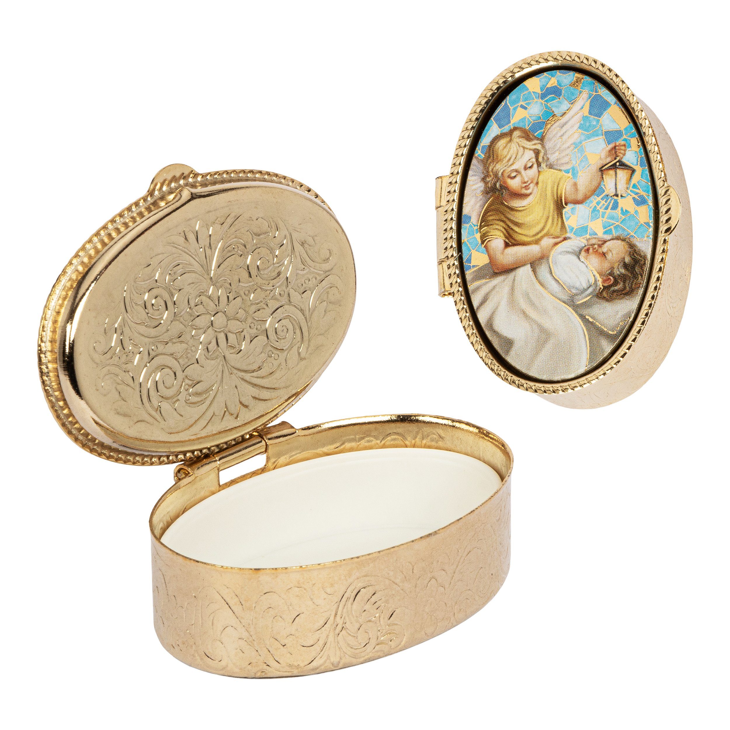 Räucherstövchen Metalletui Gold 5x3,5cm Rosenkranz Dose Schutzenge