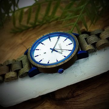 Holzwerk Quarzuhr FLENSBURG Damen & Herren Holz Uhr mit Datum in oliv grün, weiss & blau