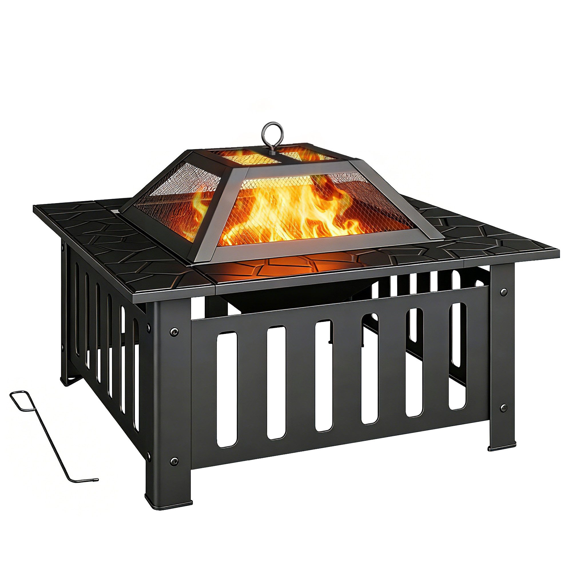 Outsunny Feuerschale aus Stahl mit Funkenschutz Schürhaken, (Feuerstelle, 1-St., Feuerkorb), für Garten, Balkon Terrasse, Outdoor BBQ Camping 67x67x47cm Schwarz