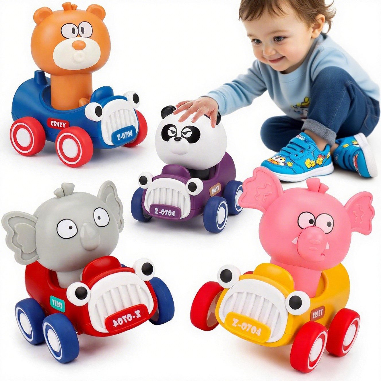 Flintry Spielzeug-Auto Press to Go Auto Spielzeug für Kleinkinder, Tier Rennautos,4 Artikel, Säugling Spielfahrzeug Set, Baby Push Go Reibungsauto Spielzeug