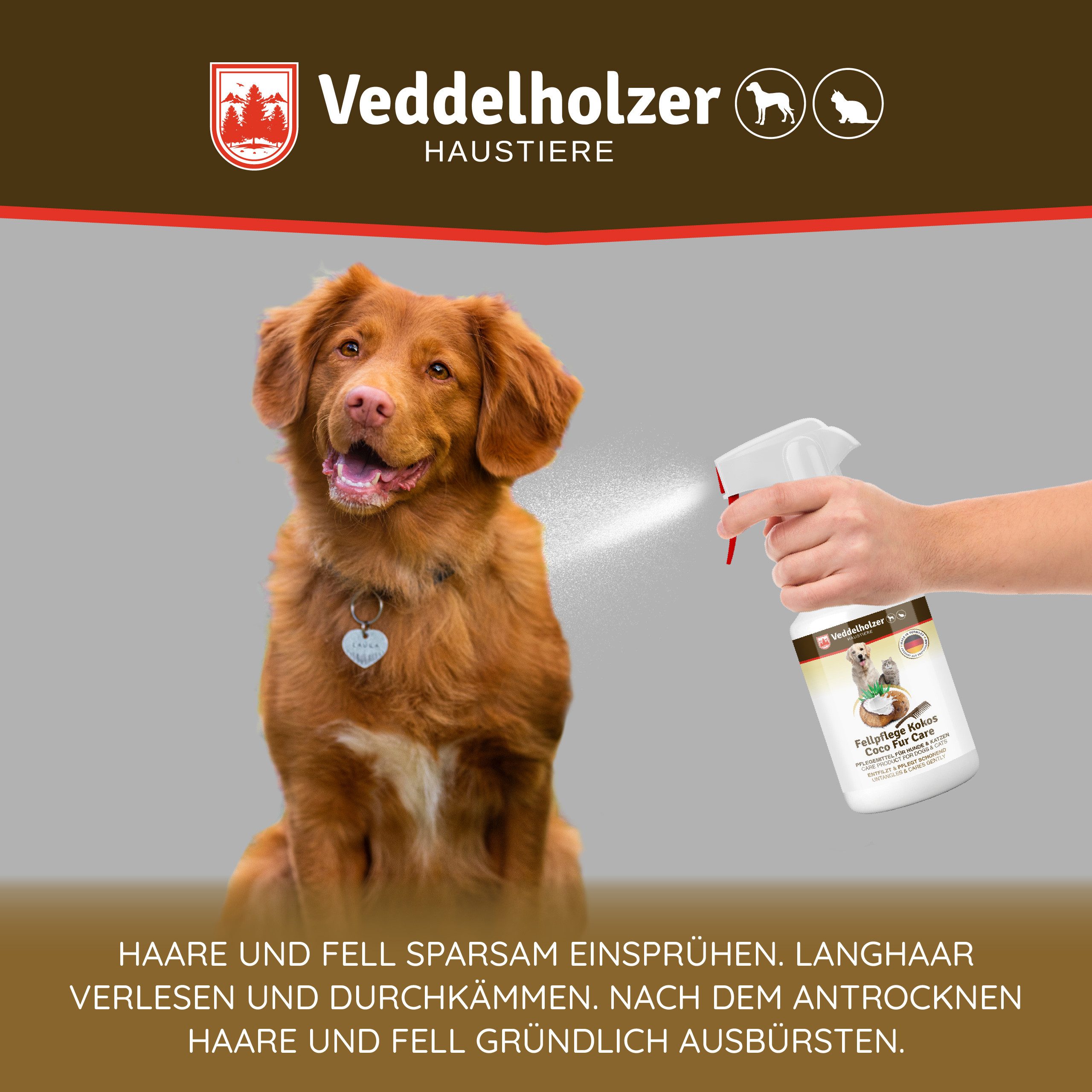 Veddelholzer Fellpflege Kokos Fellpflege Hund & Katze Entfilzungsspray, Hunde Zubehör, 250ml, 250 ml, (MIT KOKOSDUFT, Accessoires, Katzenpflege, Hundebedarf), Welpen, Fell. Zubehör, Hundeparfüm