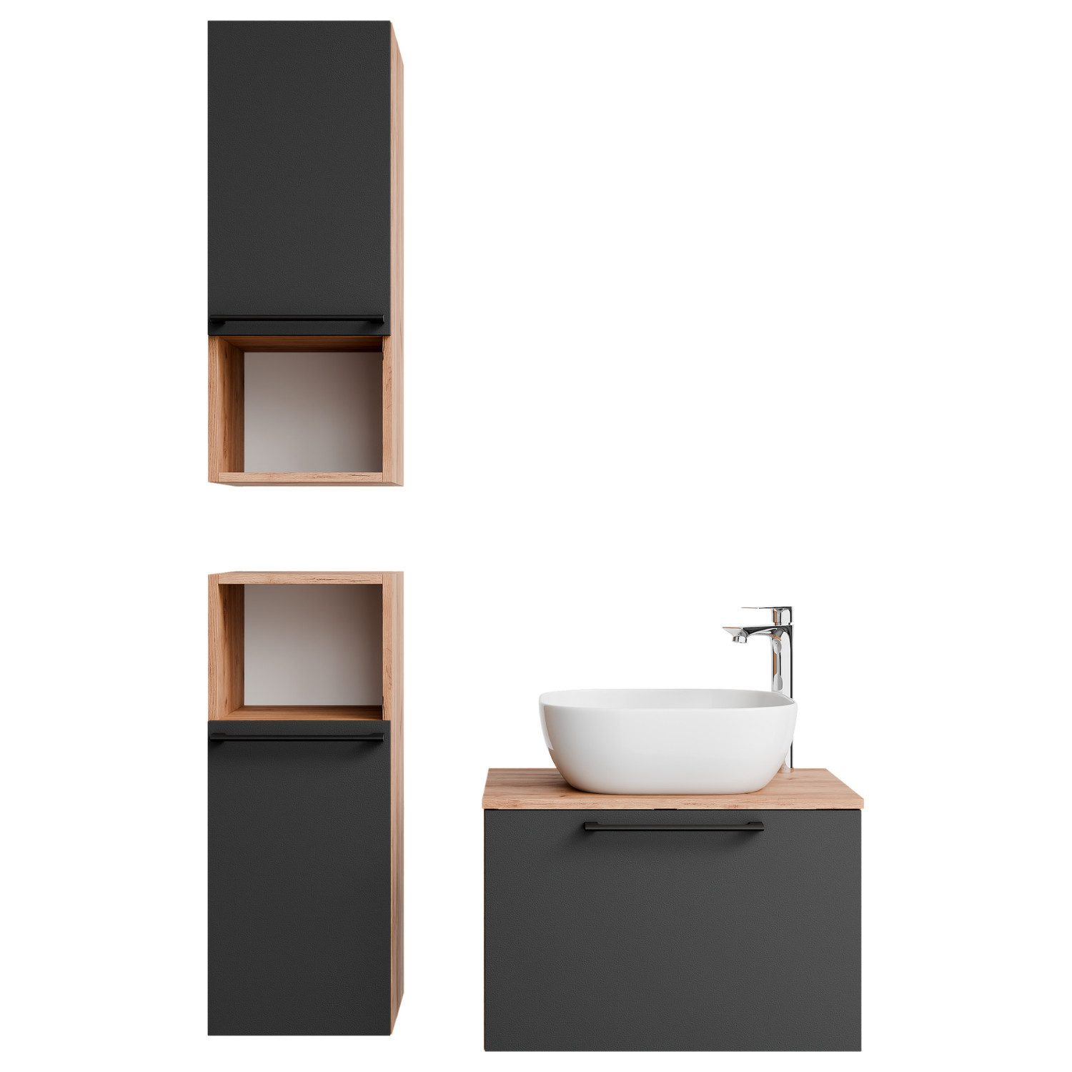 Planetmöbel Badmöbel-Set Astra, (Waschbeckenunterschrank, 4-St., Badezimmerschrank), Waschtisch und Waschbecken weiß mit 2x Midischrank