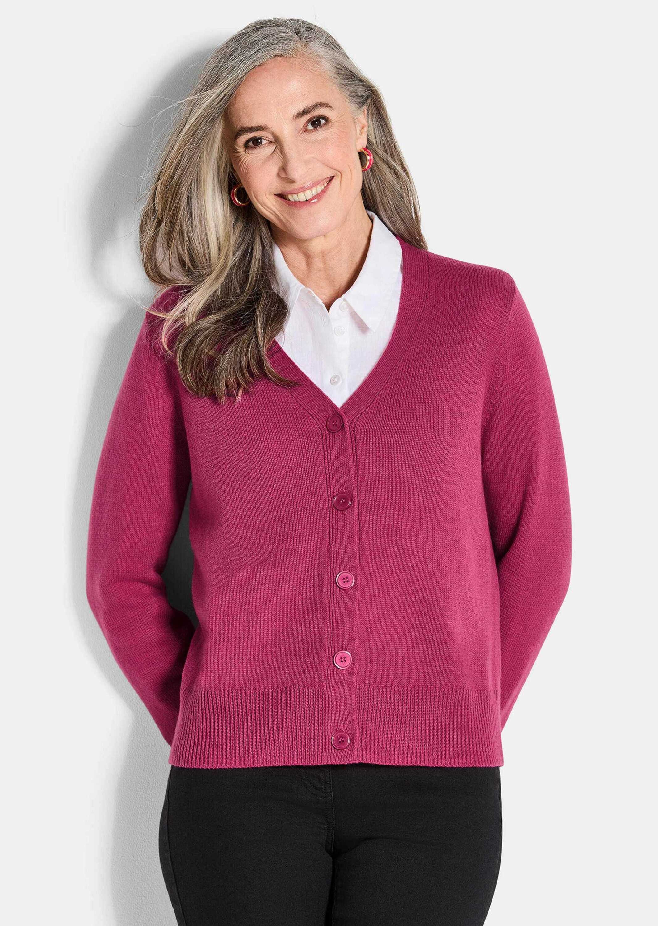 GOLDNER Strickjacke Eleganter Cardigan mit V-Ausschnitt Weiche Feinstrick-Jäcke mit breitem Strickband
