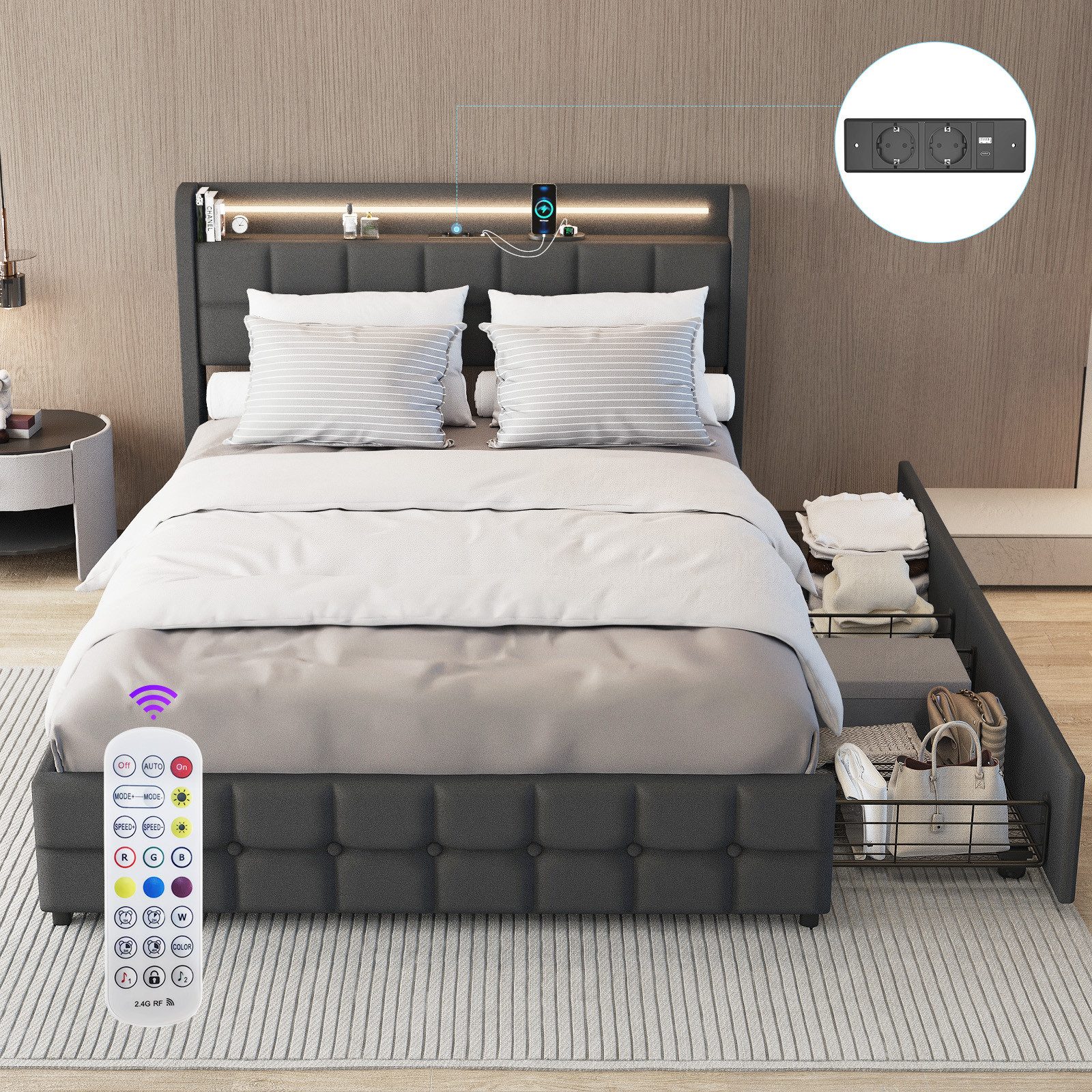 WILGOON Polsterbett Polsterbett 140x200cm mit LED-Beleuchtung günstig online kaufen