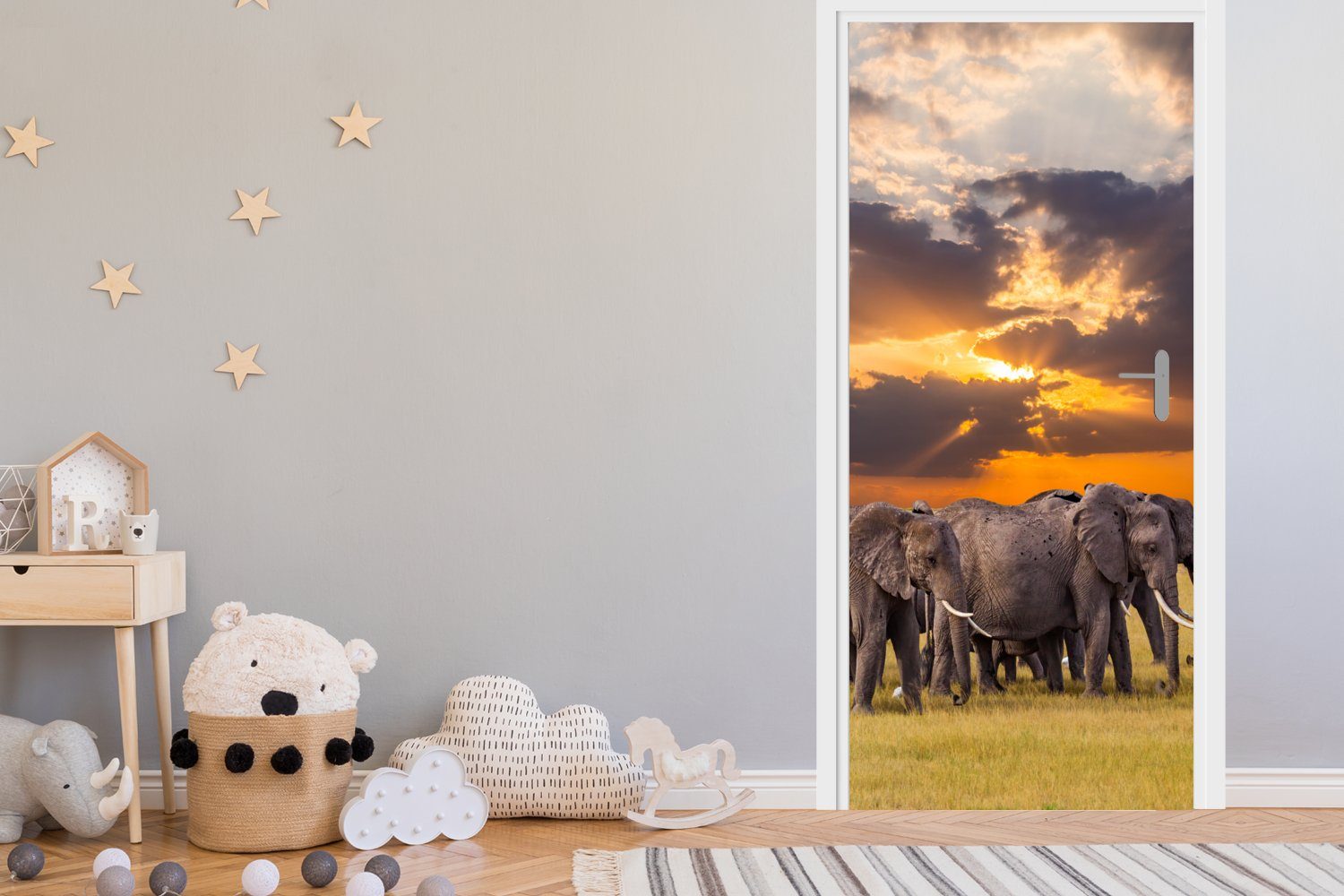 Türtapete Türaufkleber, Matt, Tür, - 75x205 bedruckt, - (1 Gras - für cm Fototapete St), MuchoWow Tiere Elefant - Sonnenuntergang Natur,