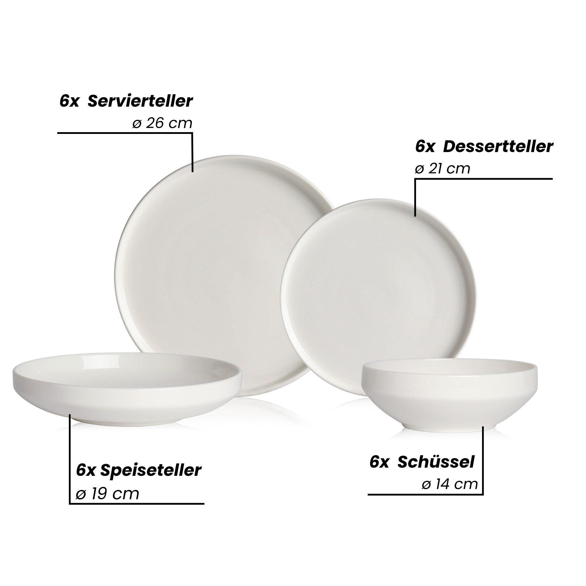 Zoha Geschirr-Set Pure Teller Set aus Porzellan in weiß (24-tlg), Porzellan, Spülmaschinengeeignet und Mikrowellengeeignet