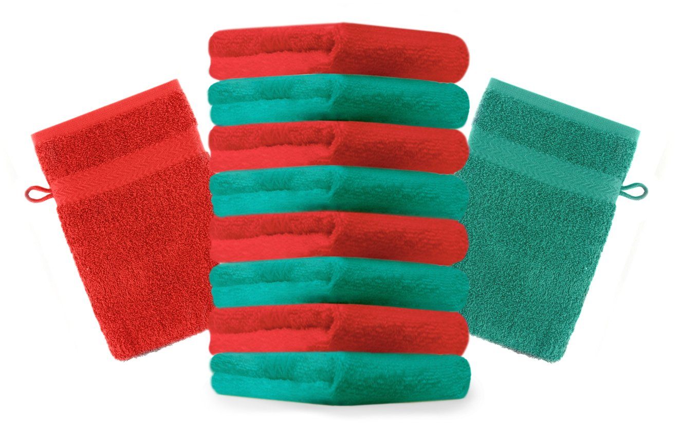 Betz Waschhandschuh 10 Stück Waschhandschuhe Premium 100% Baumwolle Waschlappen Set 16x21 cm Farbe smaragdgrün und rot
