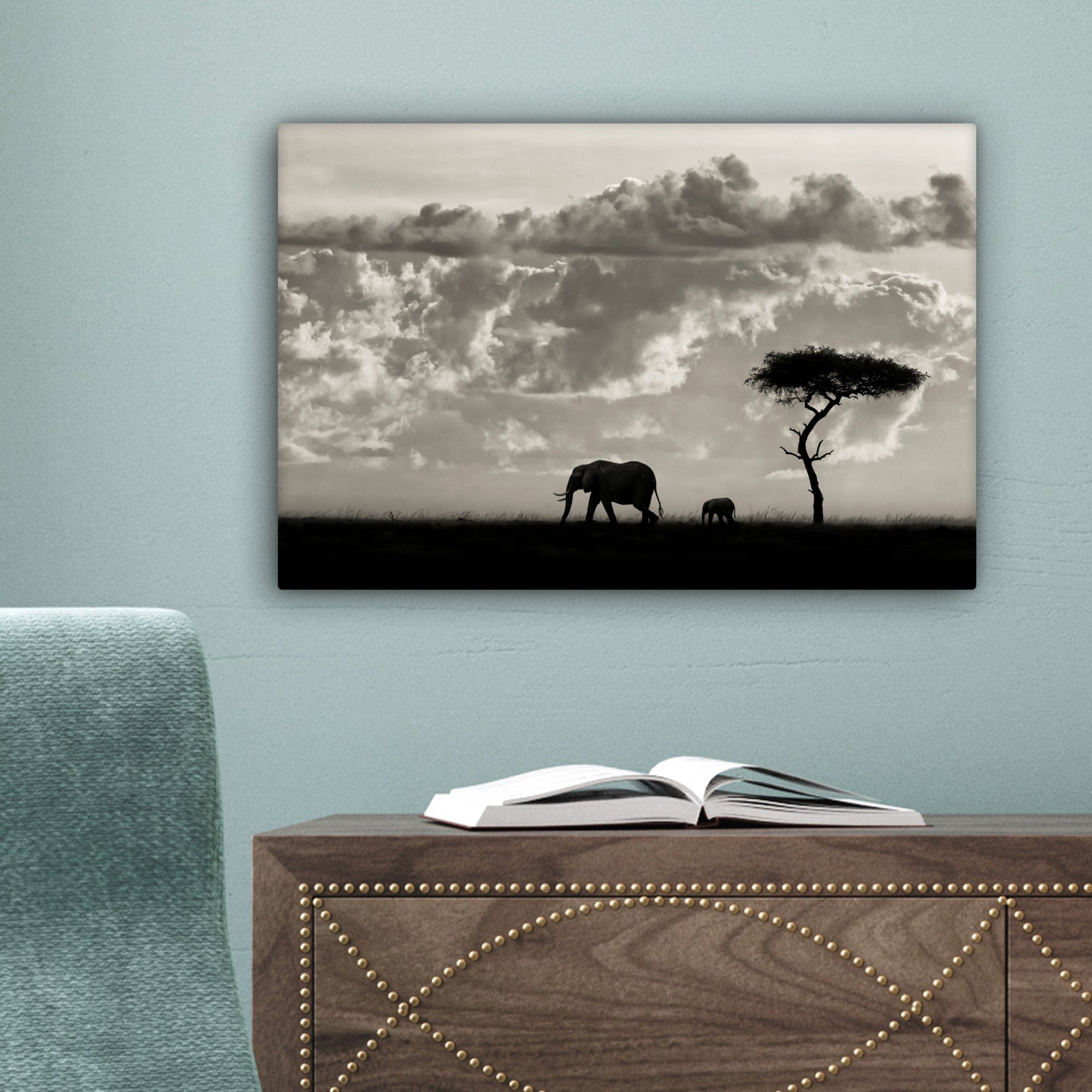 St), Leinwandbilder, (1 - - Leinwandbild Wanddeko, Elefant Natur, - Schwarz OneMillionCanvasses® - 30x20 Wolke Wandbild cm Weiß Aufhängefertig,